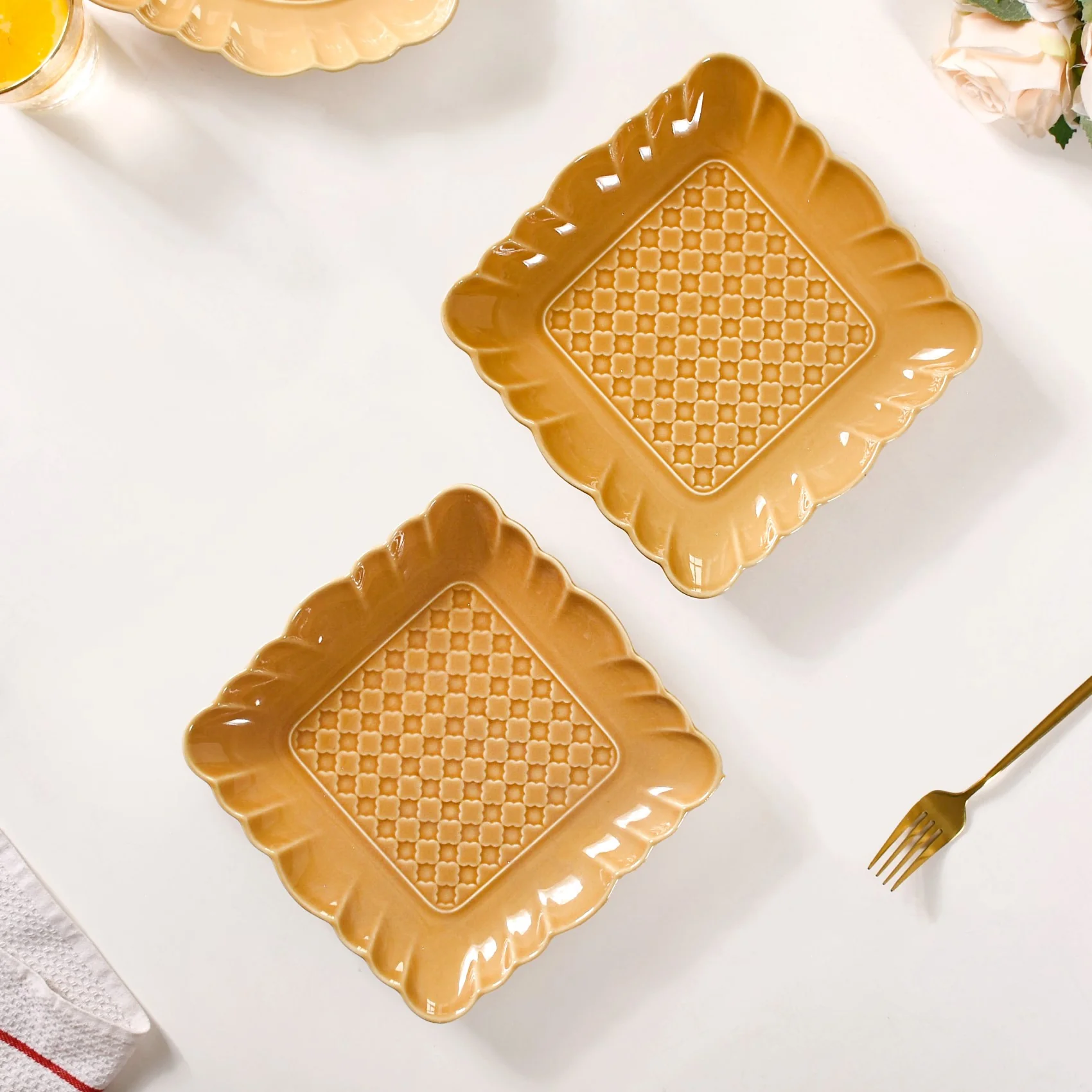 Elegant Scallop Rim Square Platter Set Of 2 Yellow Ochre 8 Inch - Image 8
