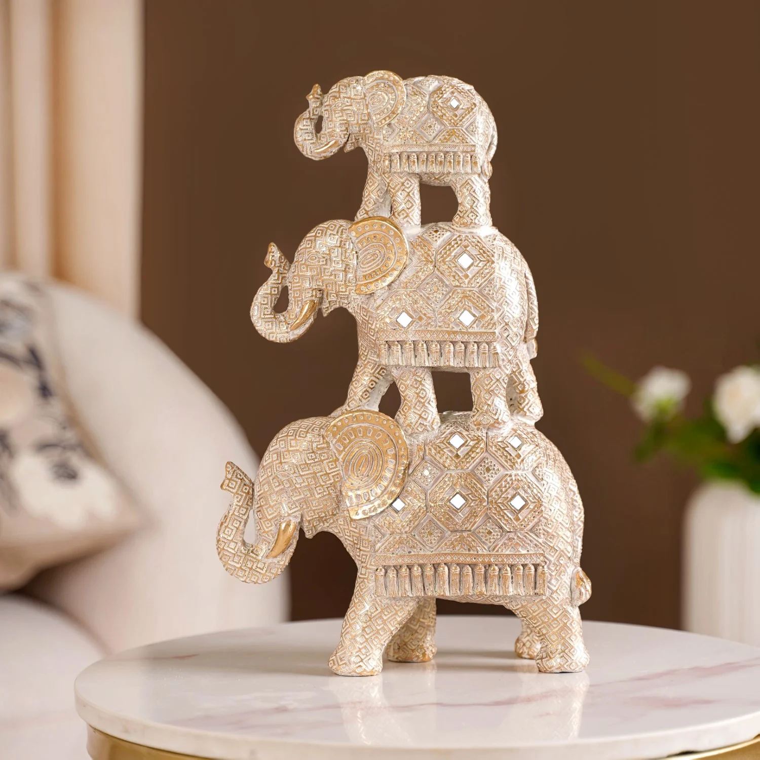 Elephant Family Pyramid With Mirrorwork White - Image 5
