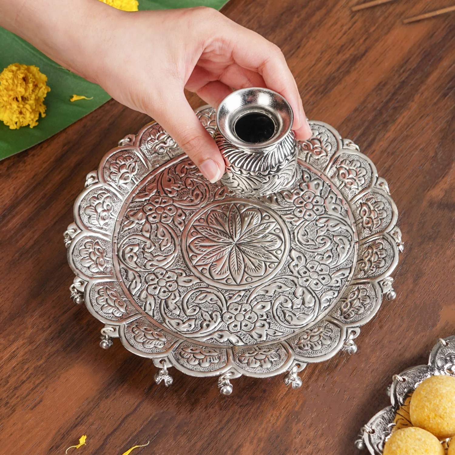 Embossed Brass Flower Pooja Thali And Kalash Set - Image 2