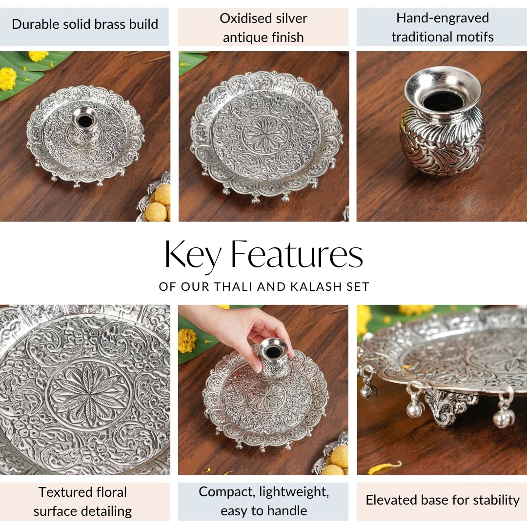 Embossed Brass Flower Pooja Thali And Kalash Set - Image 4