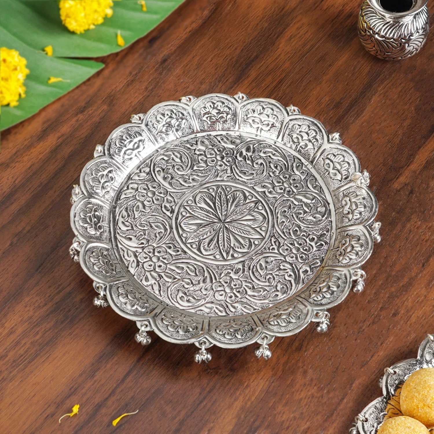 Embossed Brass Flower Pooja Thali And Kalash Set - Image 5