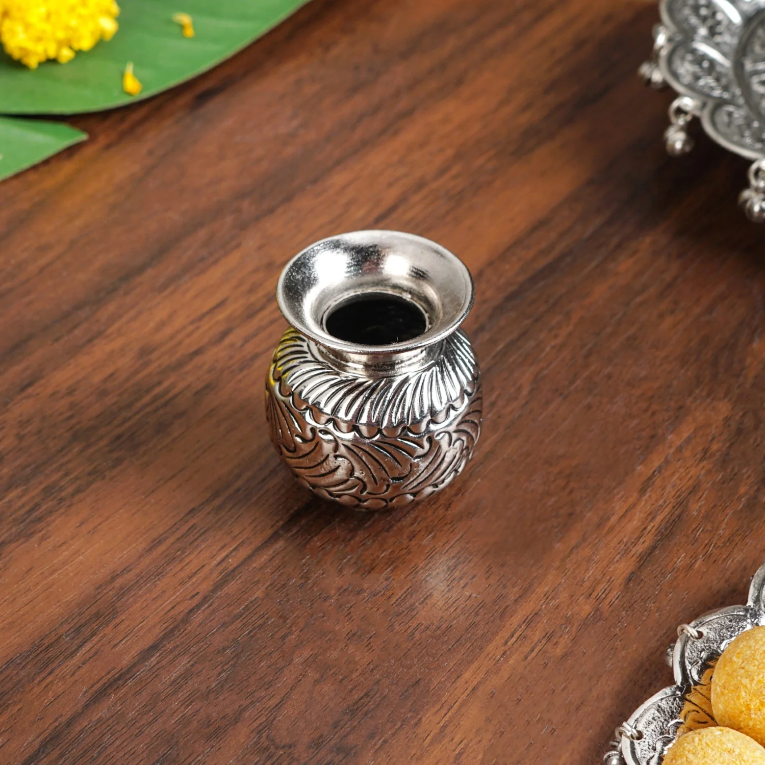 Embossed Brass Flower Pooja Thali And Kalash Set - Image 6