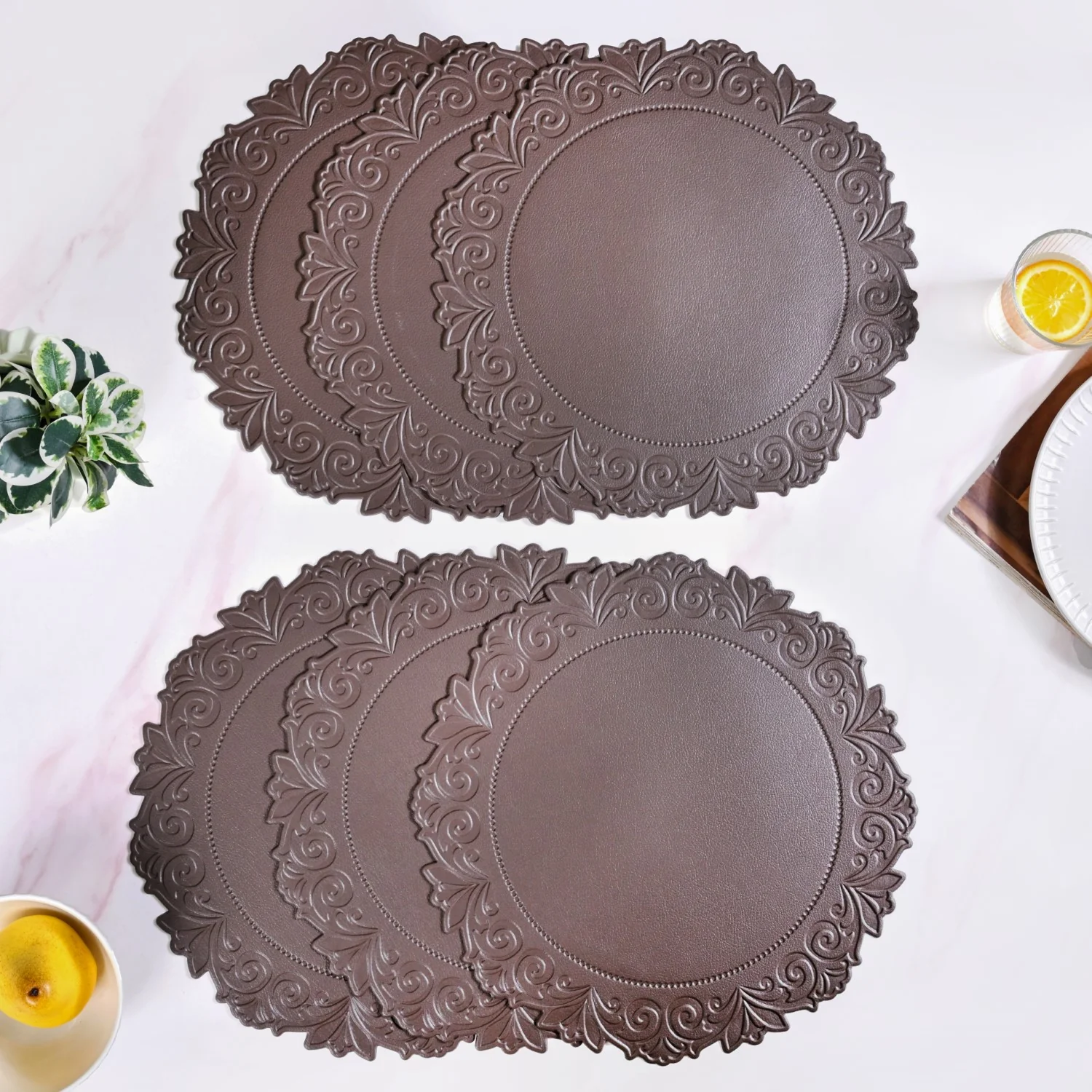 Embossed Brown Round Placemat Set Of 6 - Image 7