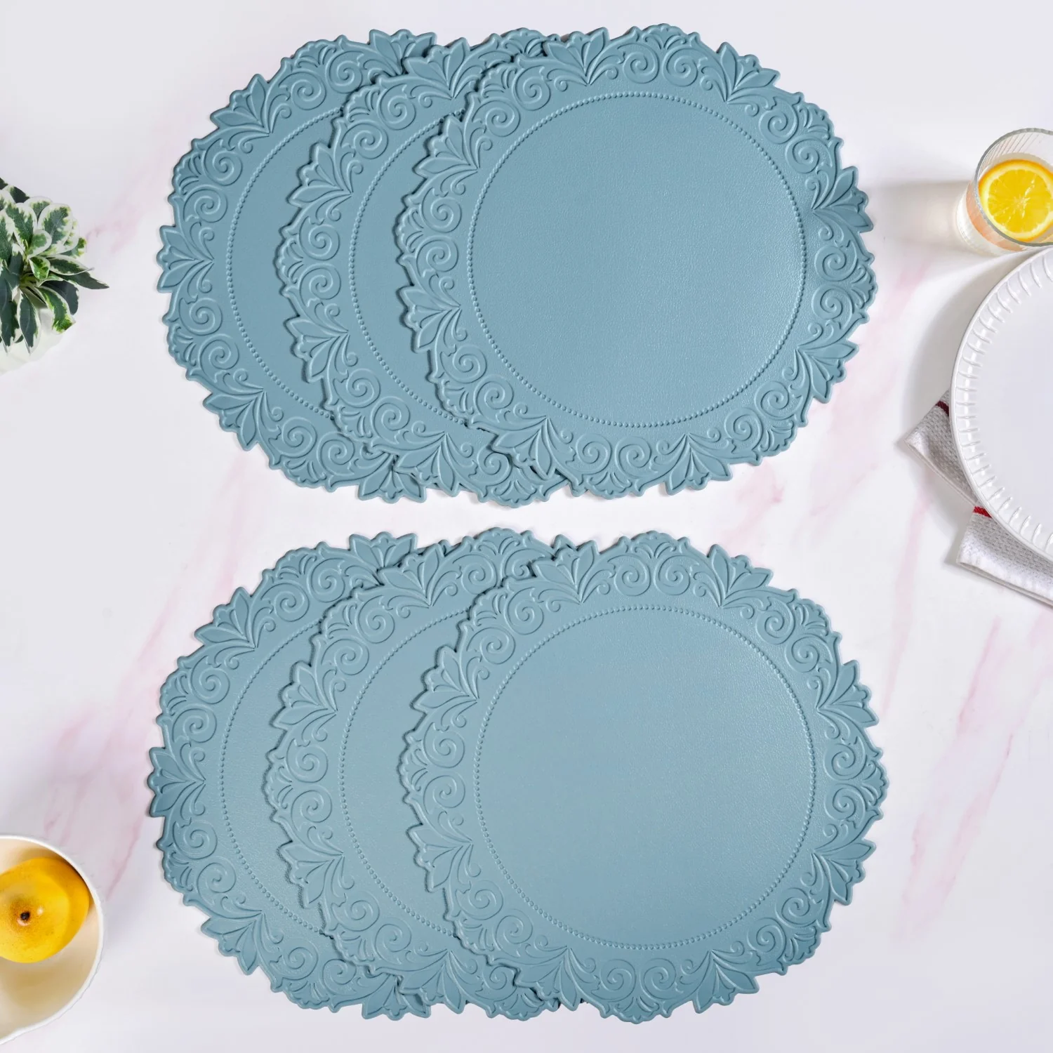 Embossed Cerulean Round Placemat Set Of 6 - Image 7