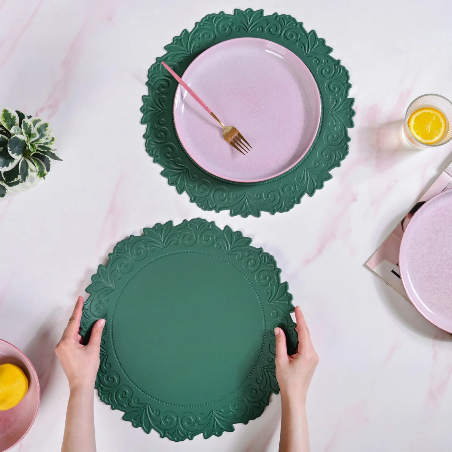 Embossed Green Round Placemat Set Of 6 - Image 2