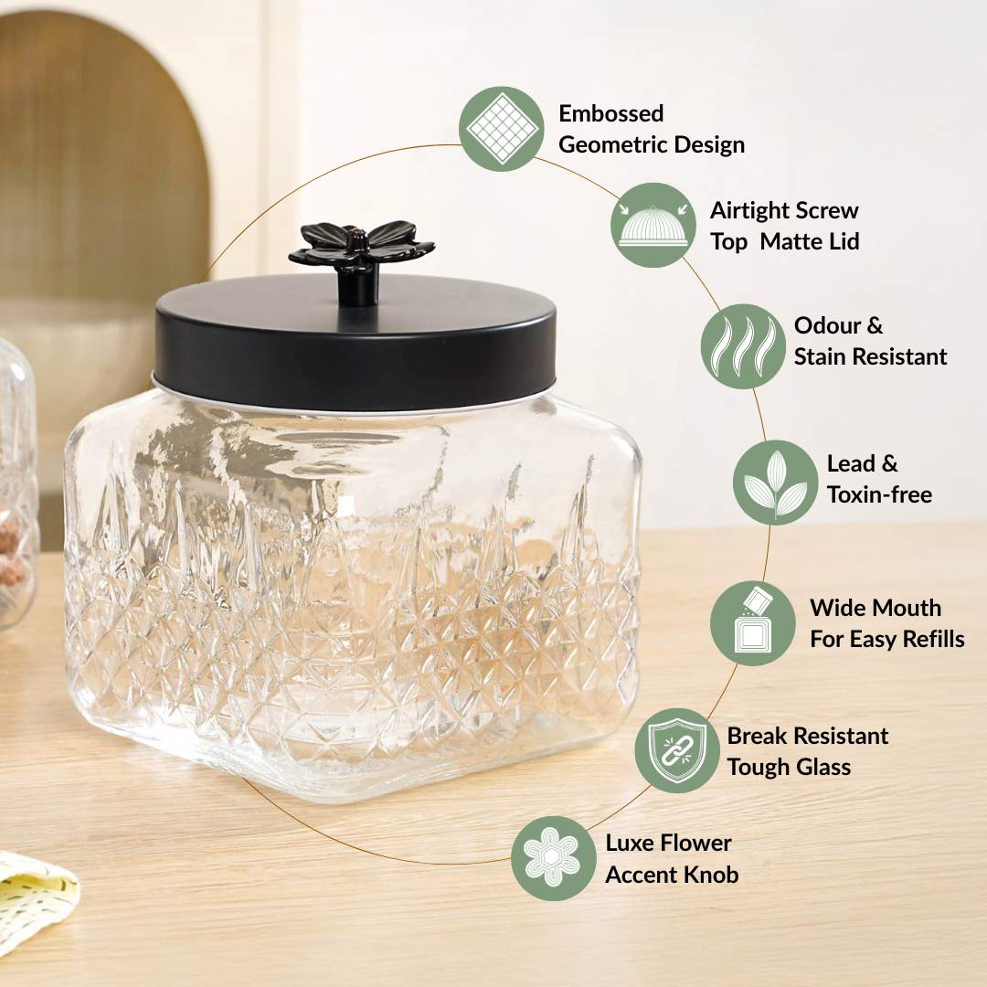 Embossed Jar With Flower Knob Set Of 4 Matte Black 1300ml - Image 2