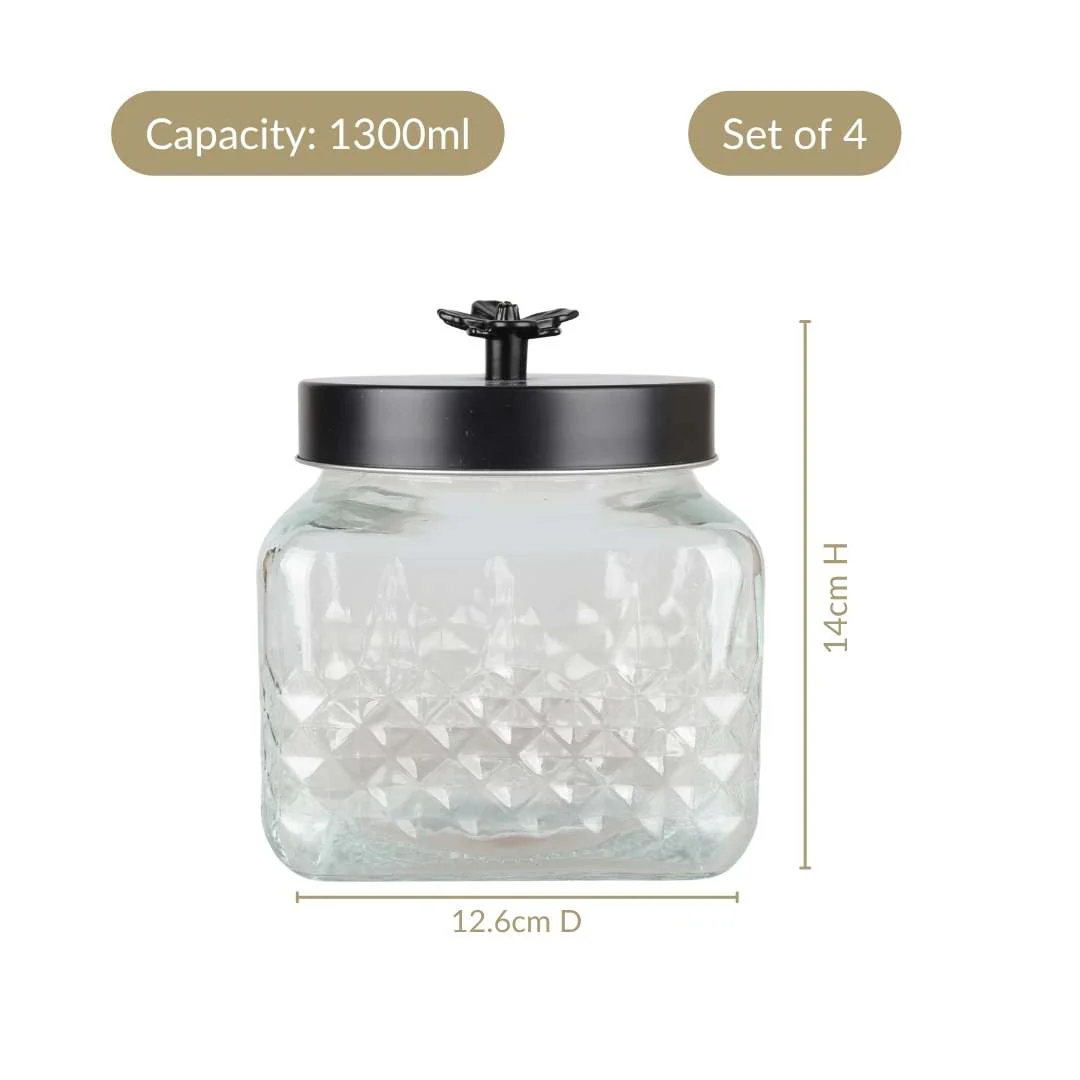 Embossed Jar With Flower Knob Set Of 4 Matte Black 1300ml - Image 4