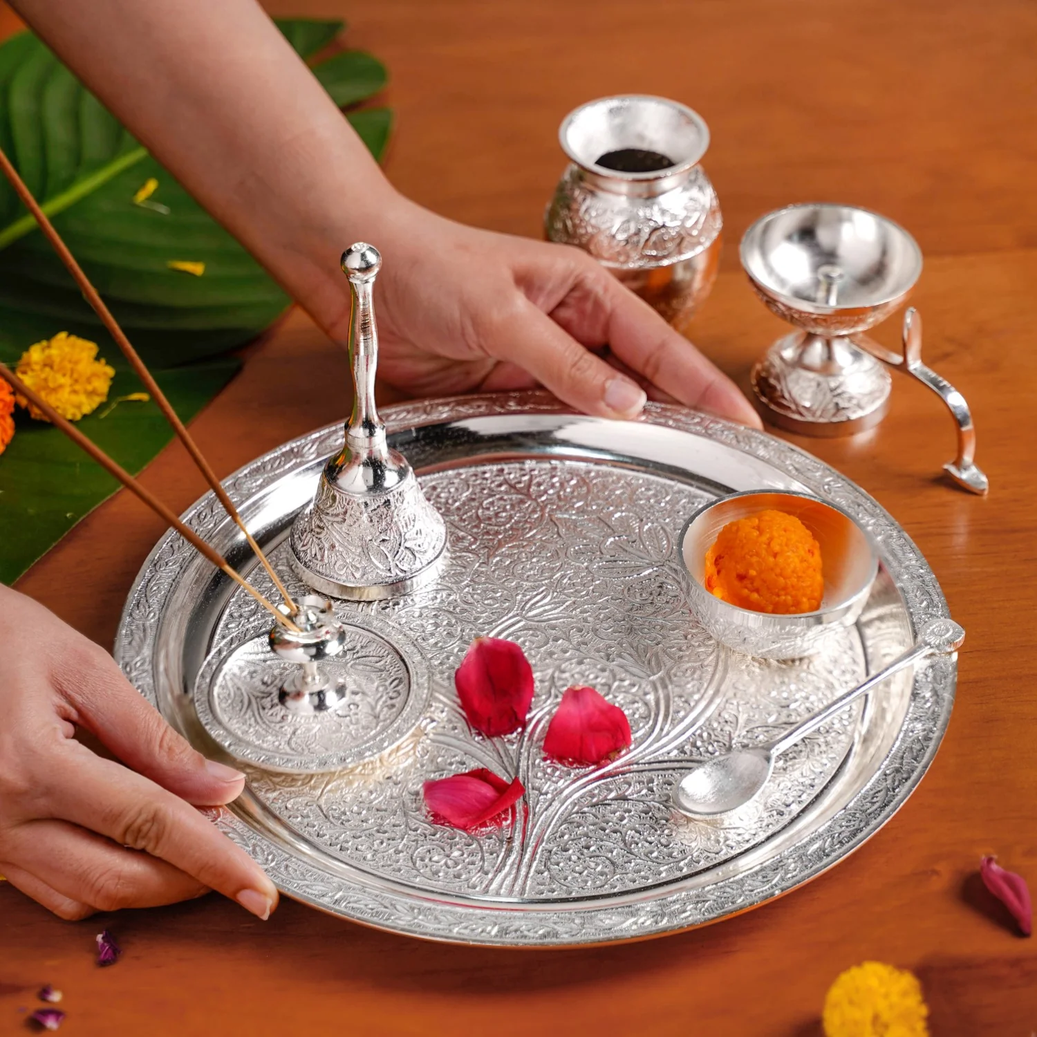 Embossed Silver Pooja Thali Set Of 7 With Kalash Spoon Bowl Bell Diya - Image 2