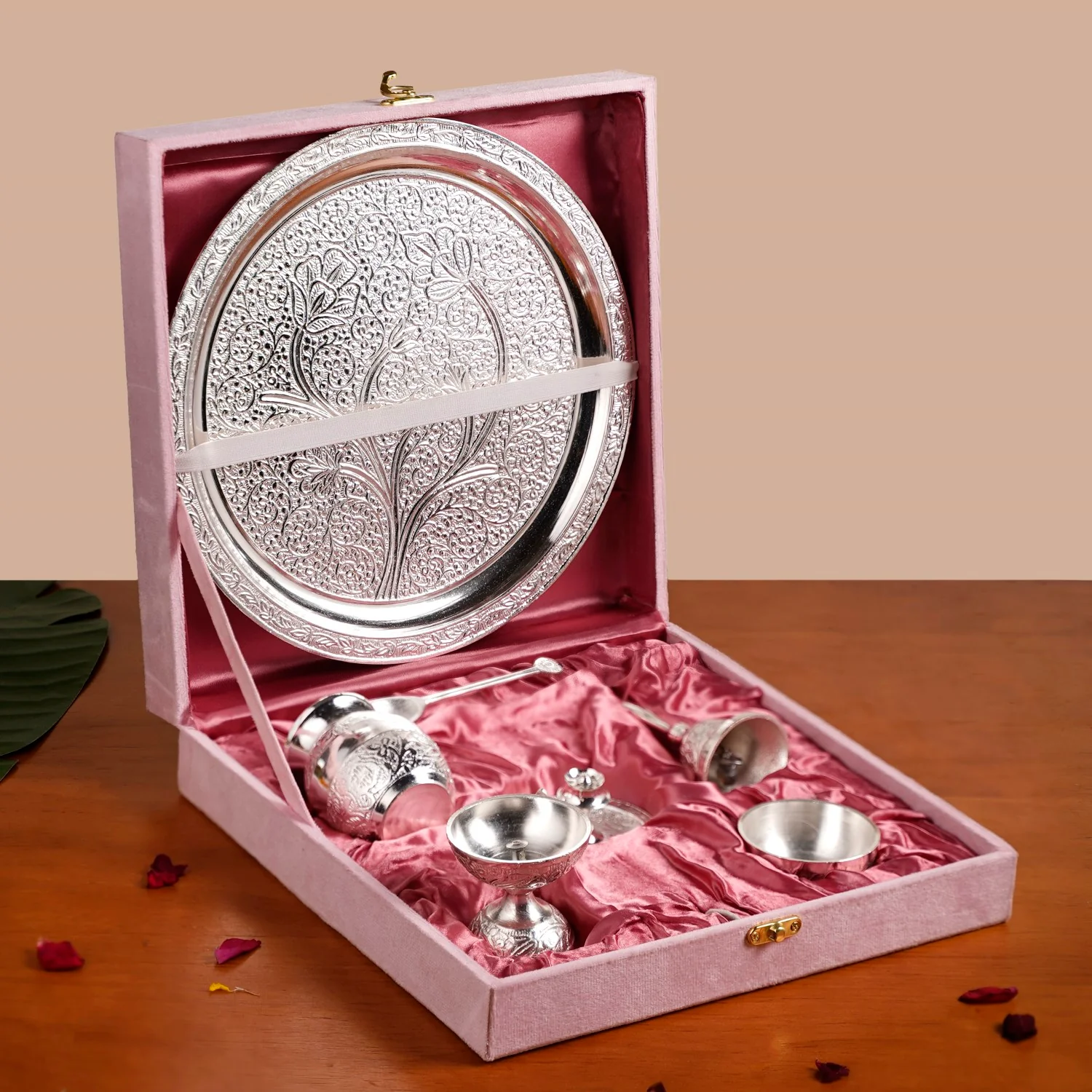 Embossed Silver Pooja Thali Set Of 7 With Kalash Spoon Bowl Bell Diya - Image 3