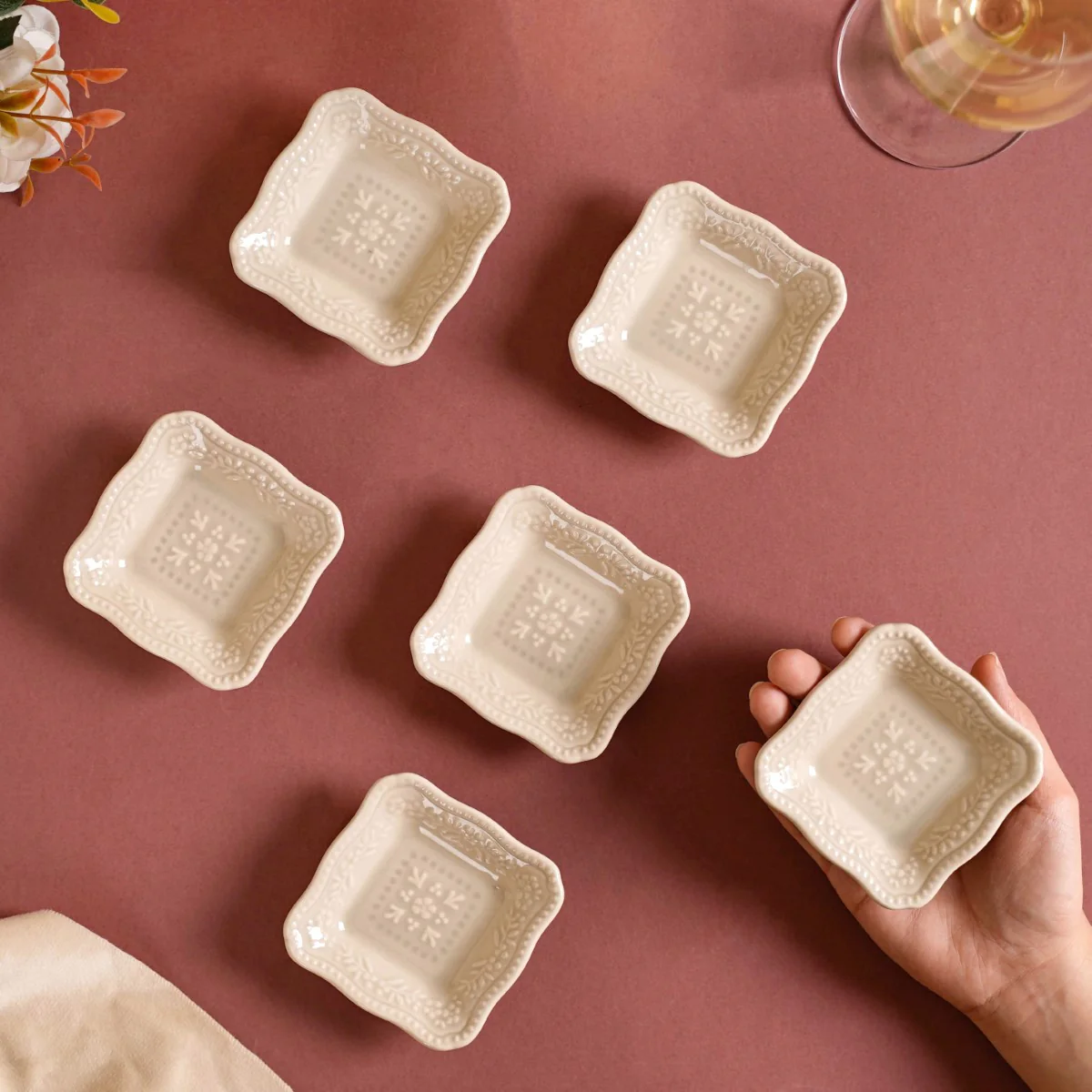 Embossed Square Small Dessert Dish Set Of 6 3" x 3"