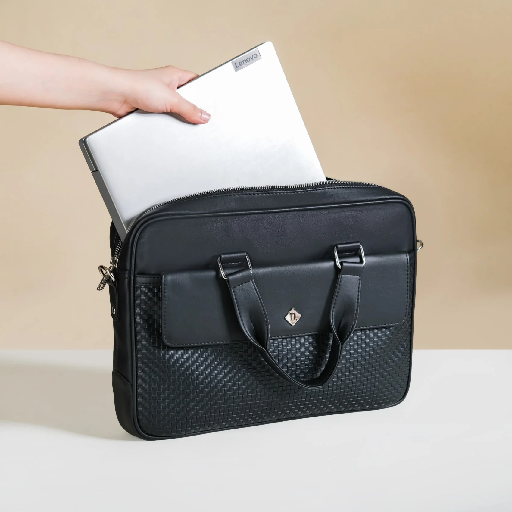 Embossed Vegan Leather Laptop Bag Black - Image 12