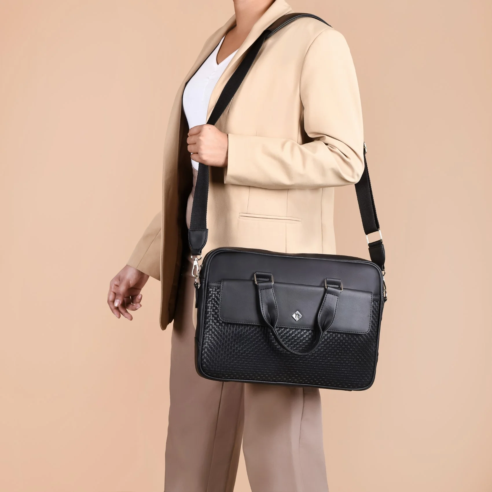 Embossed Vegan Leather Laptop Bag Black - Image 3