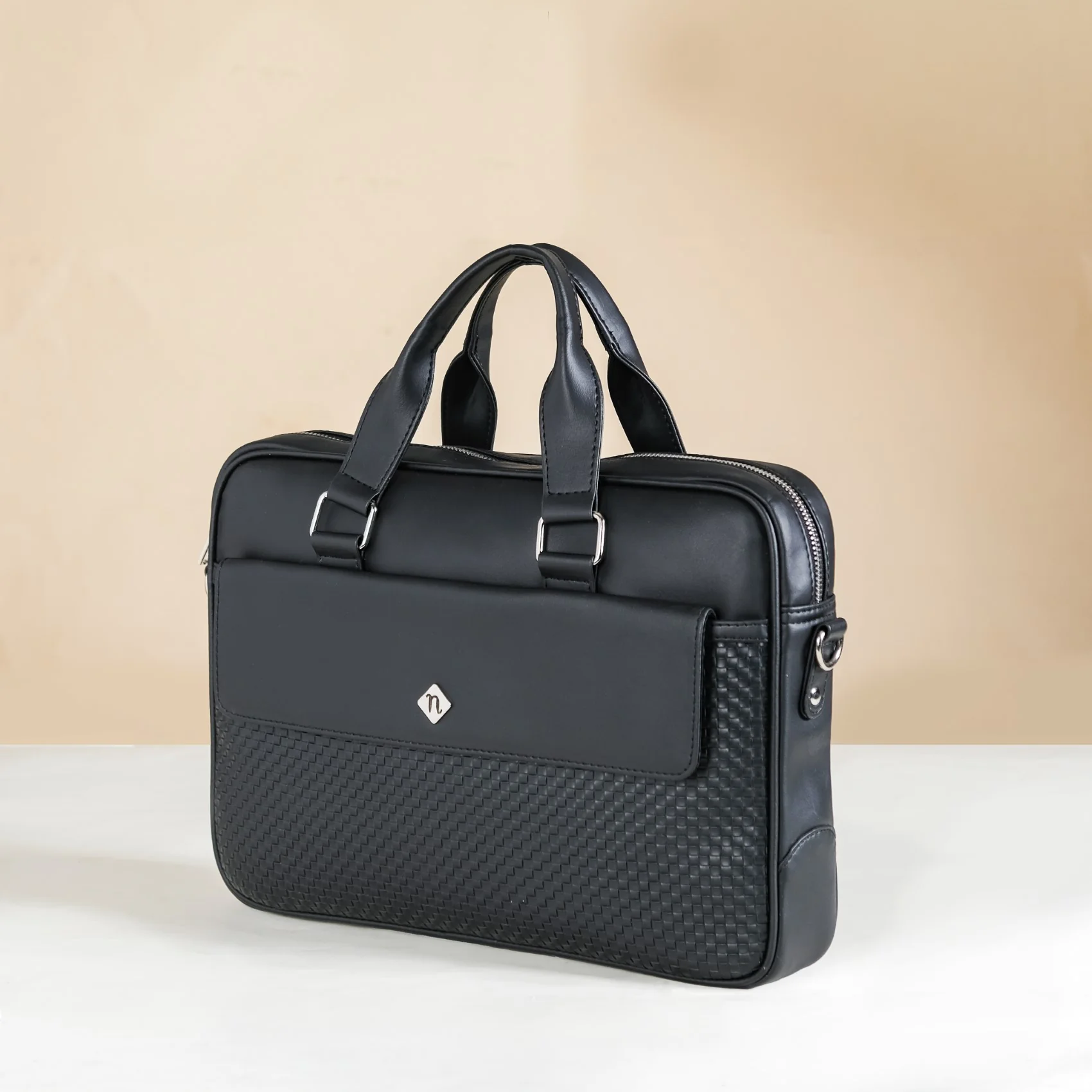 Embossed Vegan Leather Laptop Bag Black - Image 4