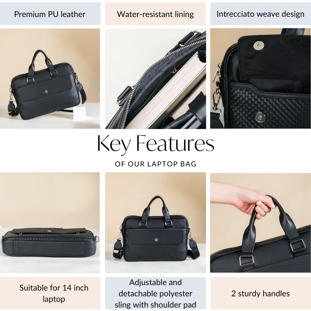 Embossed Vegan Leather Laptop Bag Black - Image 6