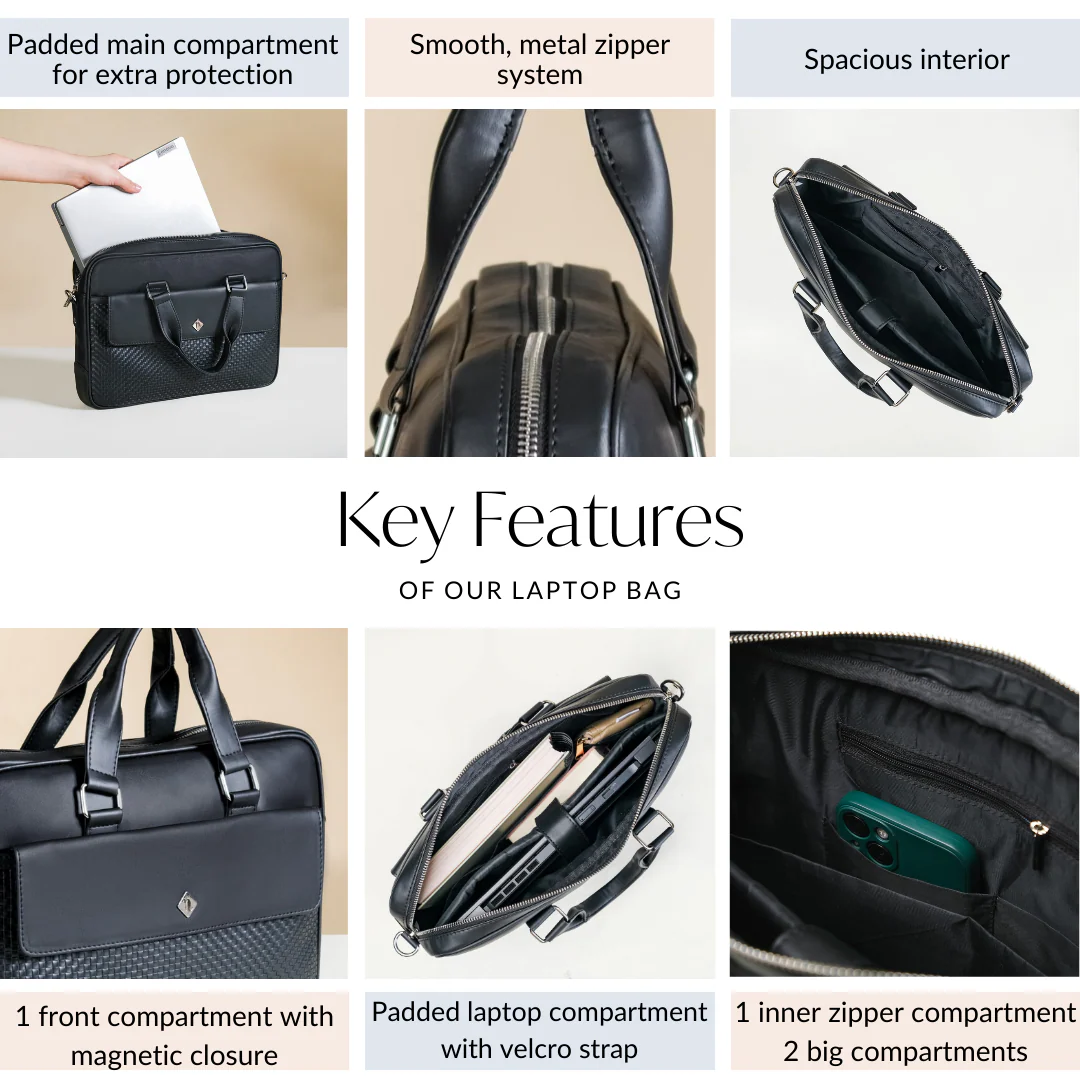 Embossed Vegan Leather Laptop Bag Black - Image 7