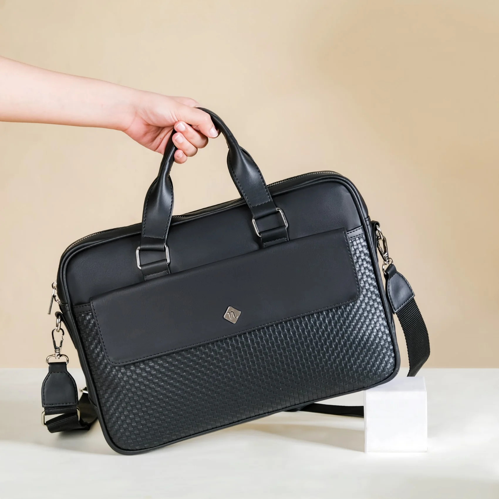 Embossed Vegan Leather Laptop Bag Black - Image 8
