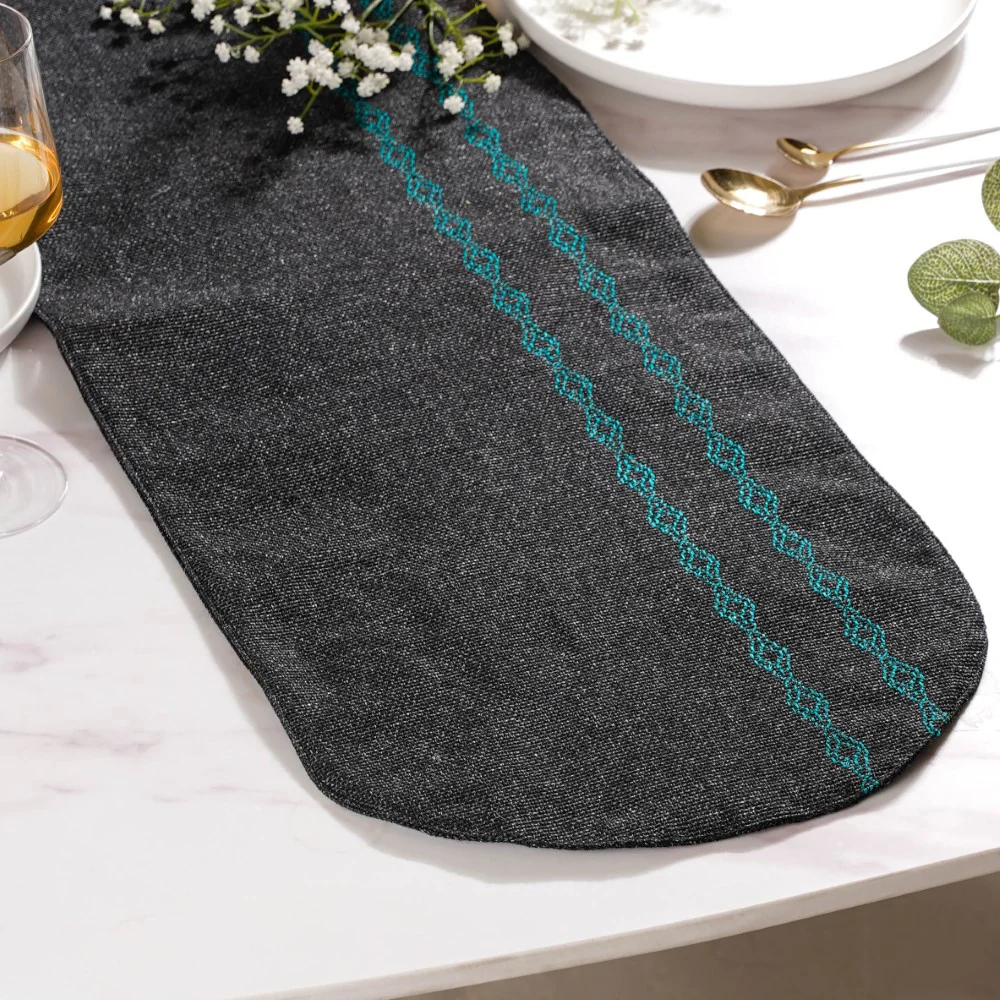 Embroidered Jute Table Runner Black 72 Inch