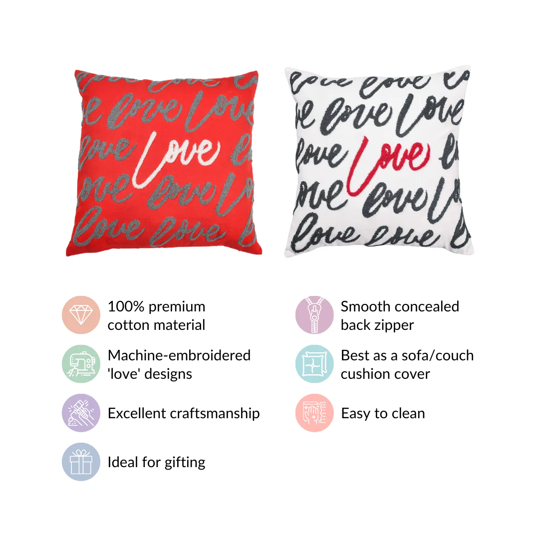 Embroidered Love Cushion Cover Set Of 2 Red White 16x16 Inch - Image 5