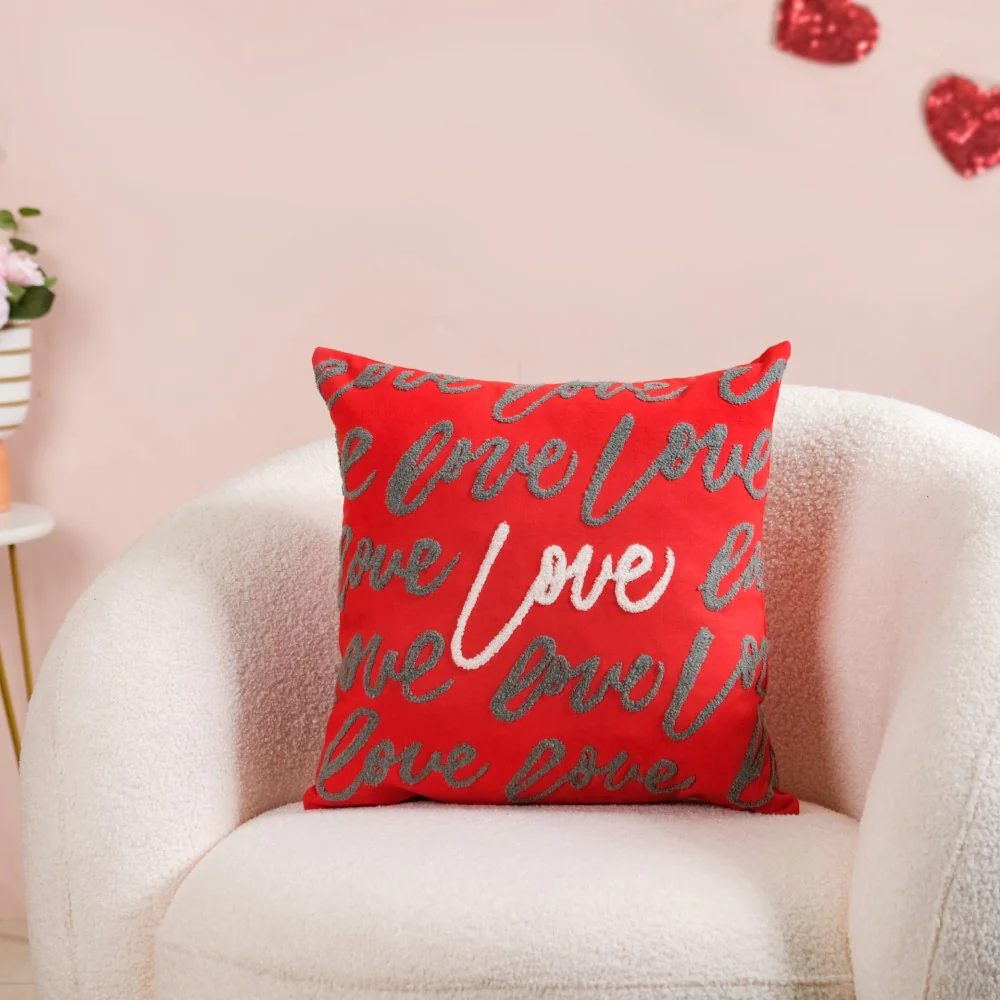 Embroidered Love Cushion Cover Set Of 2 Red White 16x16 Inch - Image 6