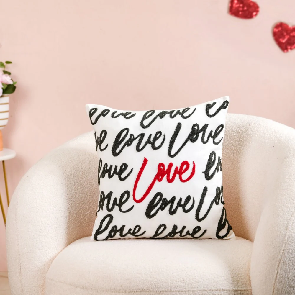 Embroidered Love Cushion Cover Set Of 2 Red White 16x16 Inch - Image 7