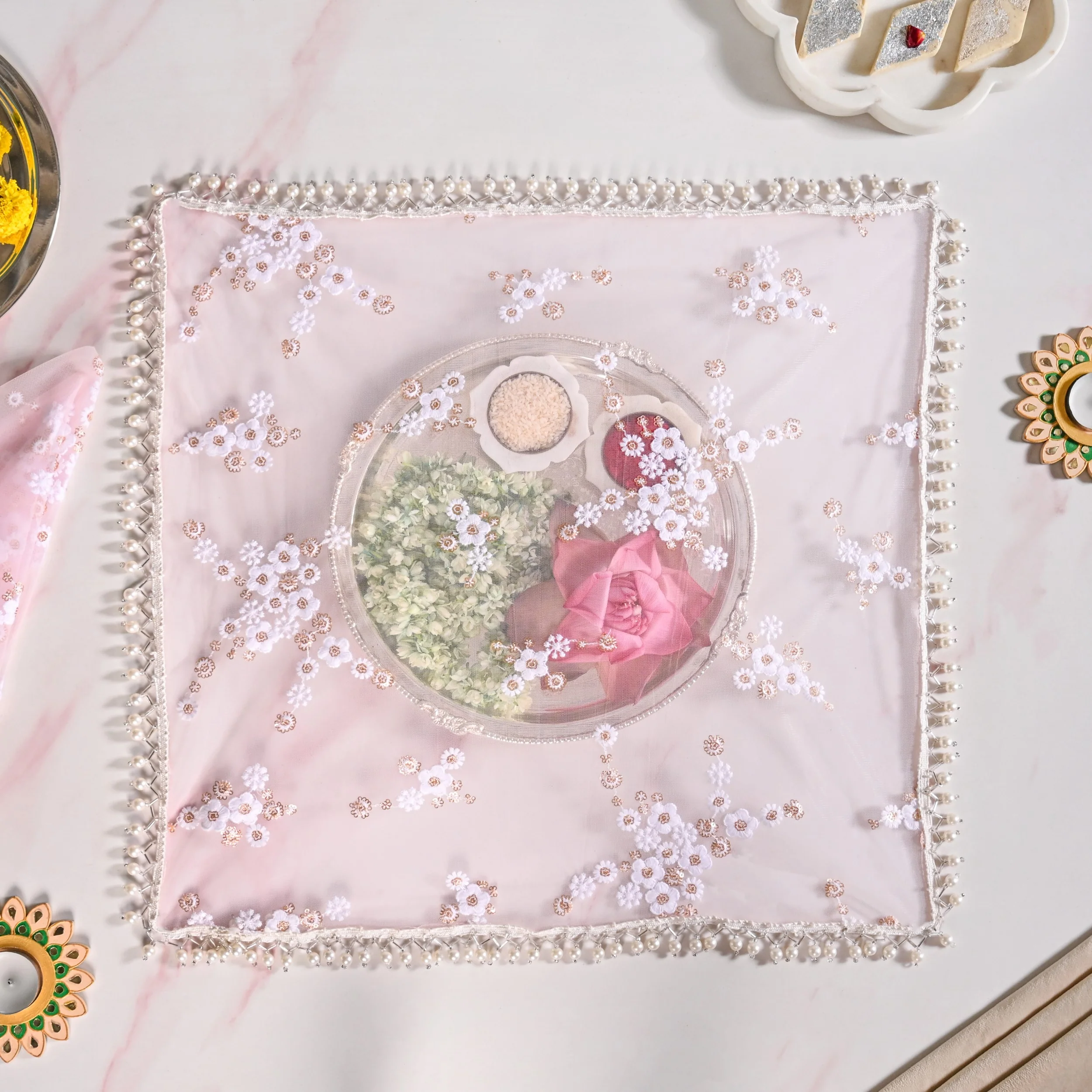 Embroidered Rose Pooja Thali Cover Set Of 2 - Image 6
