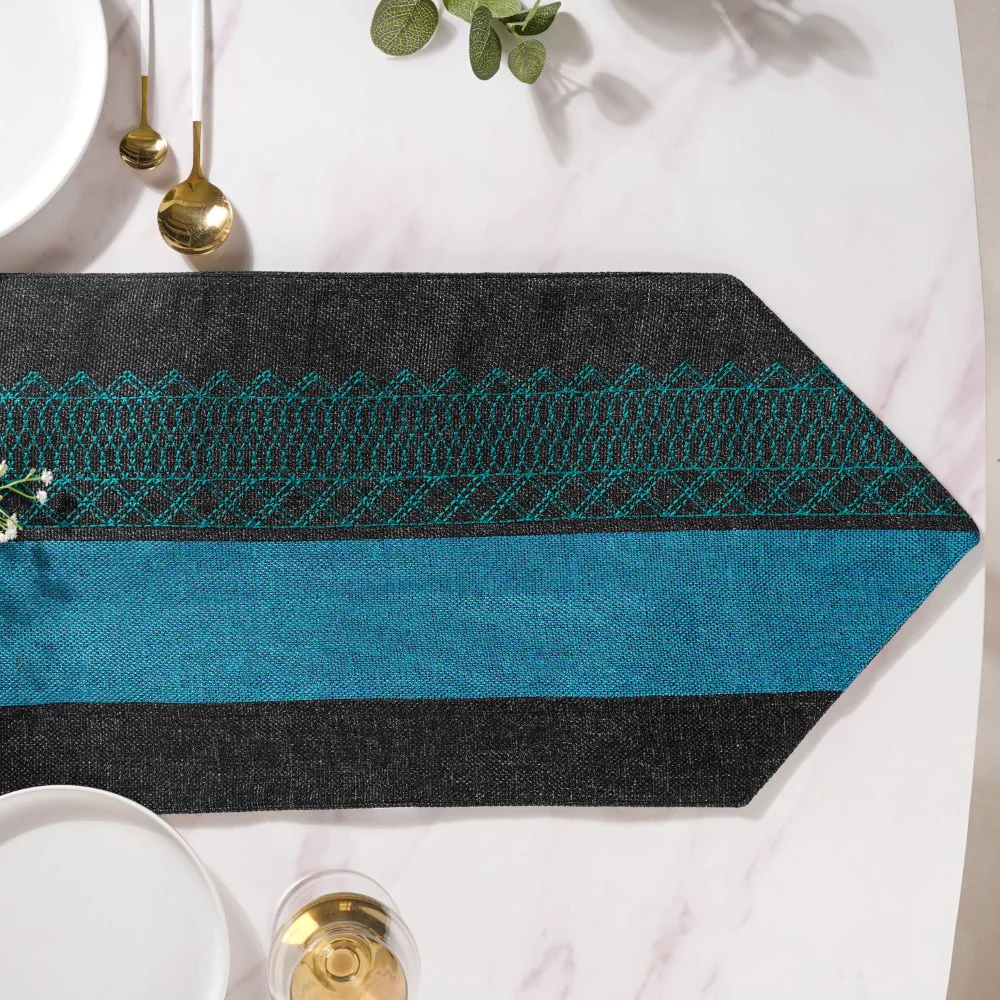 Embroidered Two Colour Jute Table Runner Blue Black 72 Inch - Image 2