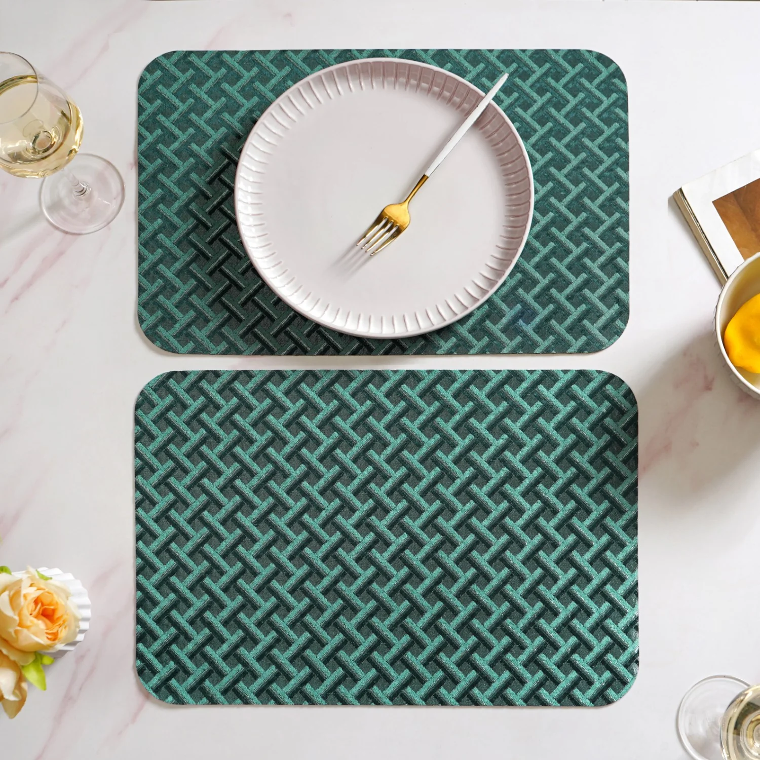 Emerald Green Basket Pattern Tablemat Set Of 6 - Image 9