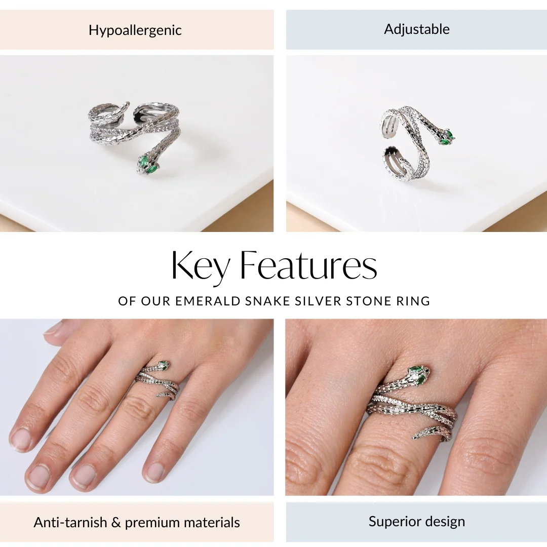 Emerald Snake Silver Stone Ring - Image 4