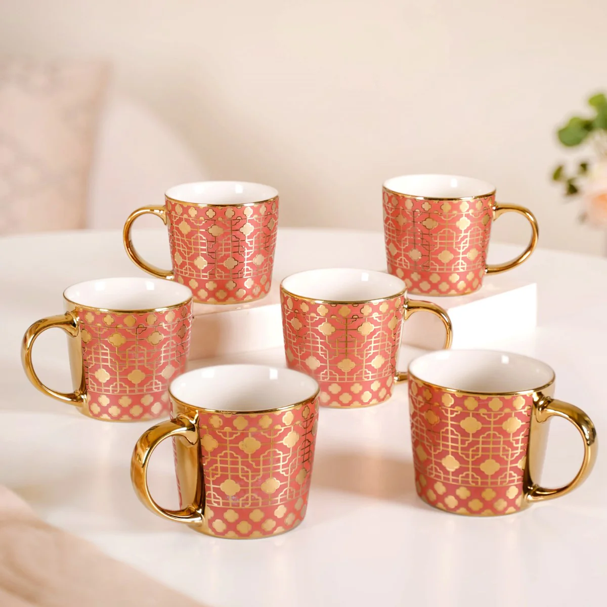 Emirati Gold Teacup Set of 6 Coral Pink 280ml - Image 10