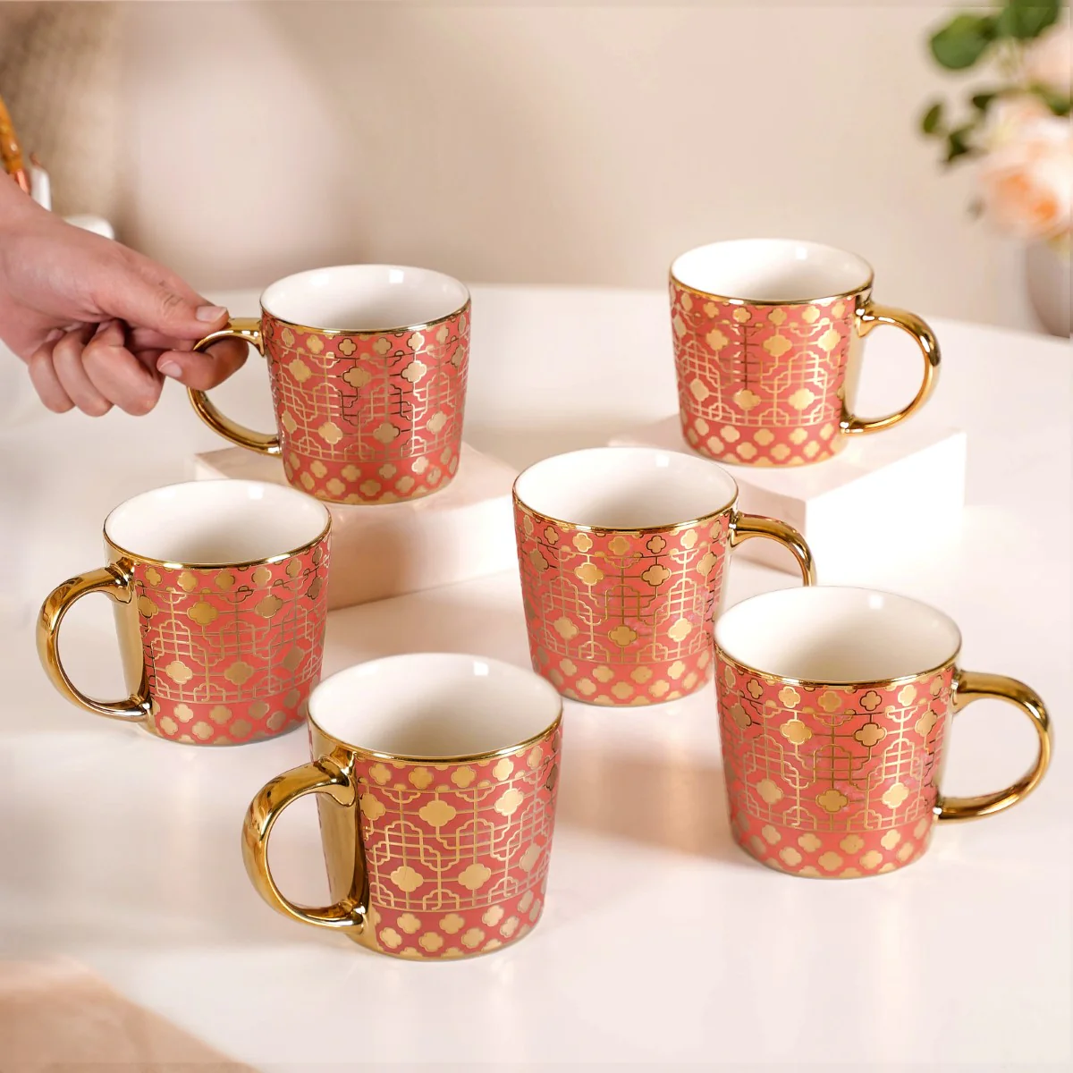 Emirati Gold Teacup Set of 6 Coral Pink 280ml - Image 2