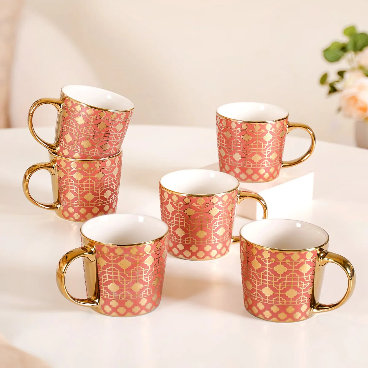 Emirati Gold Teacup Set of 6 Coral Pink 280ml - Image 3