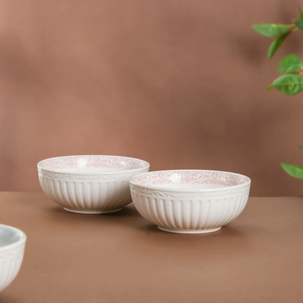 Engraved Rim Ceramic Snack Bowl Pink Set Of 2 - Image 4