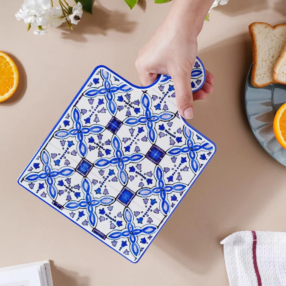 European Blue Ceramic Platter With Handle 9 Inch - Image 2
