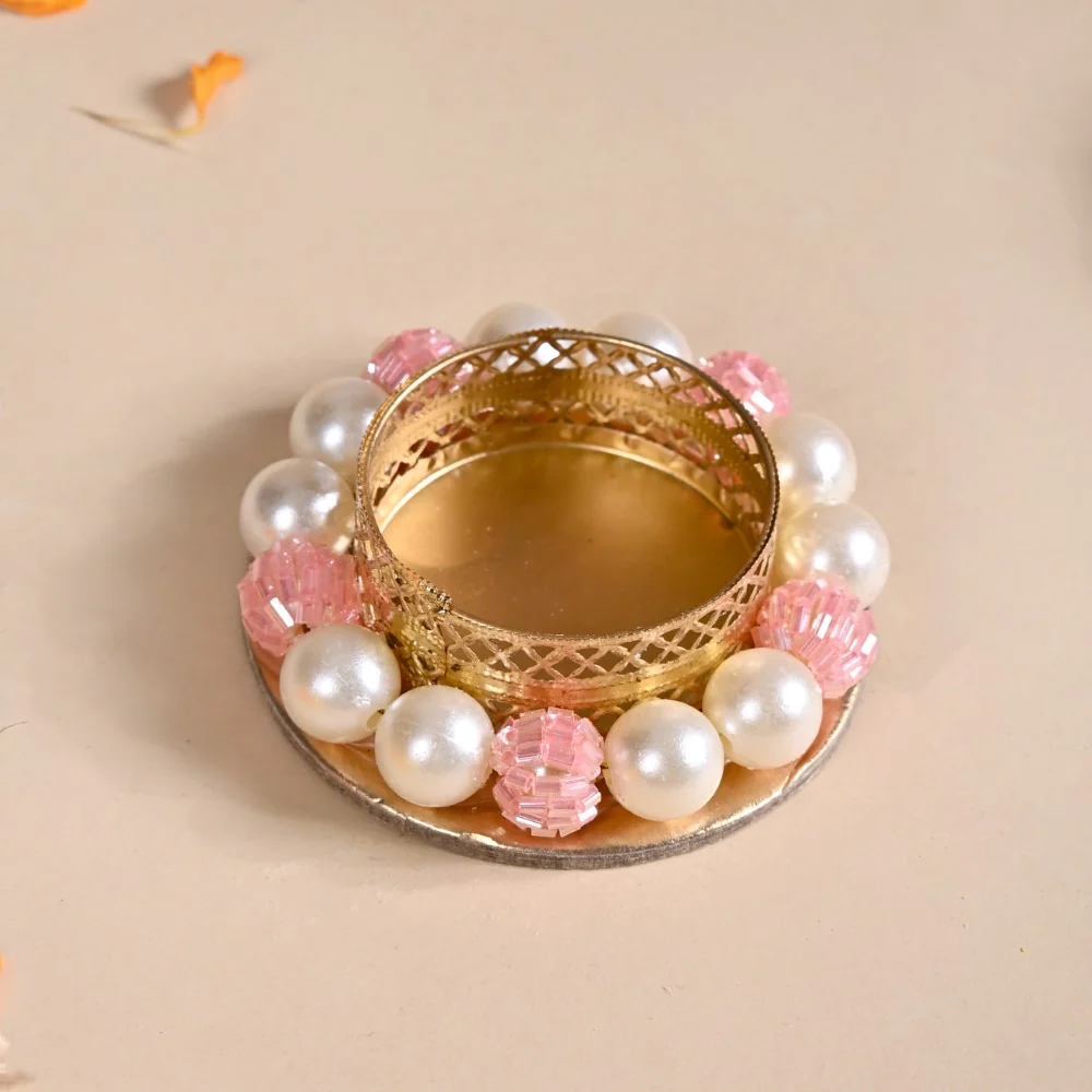 Faux Pearl Bordered Candle Holders With Pink Beads Set Of 6 - Image 6