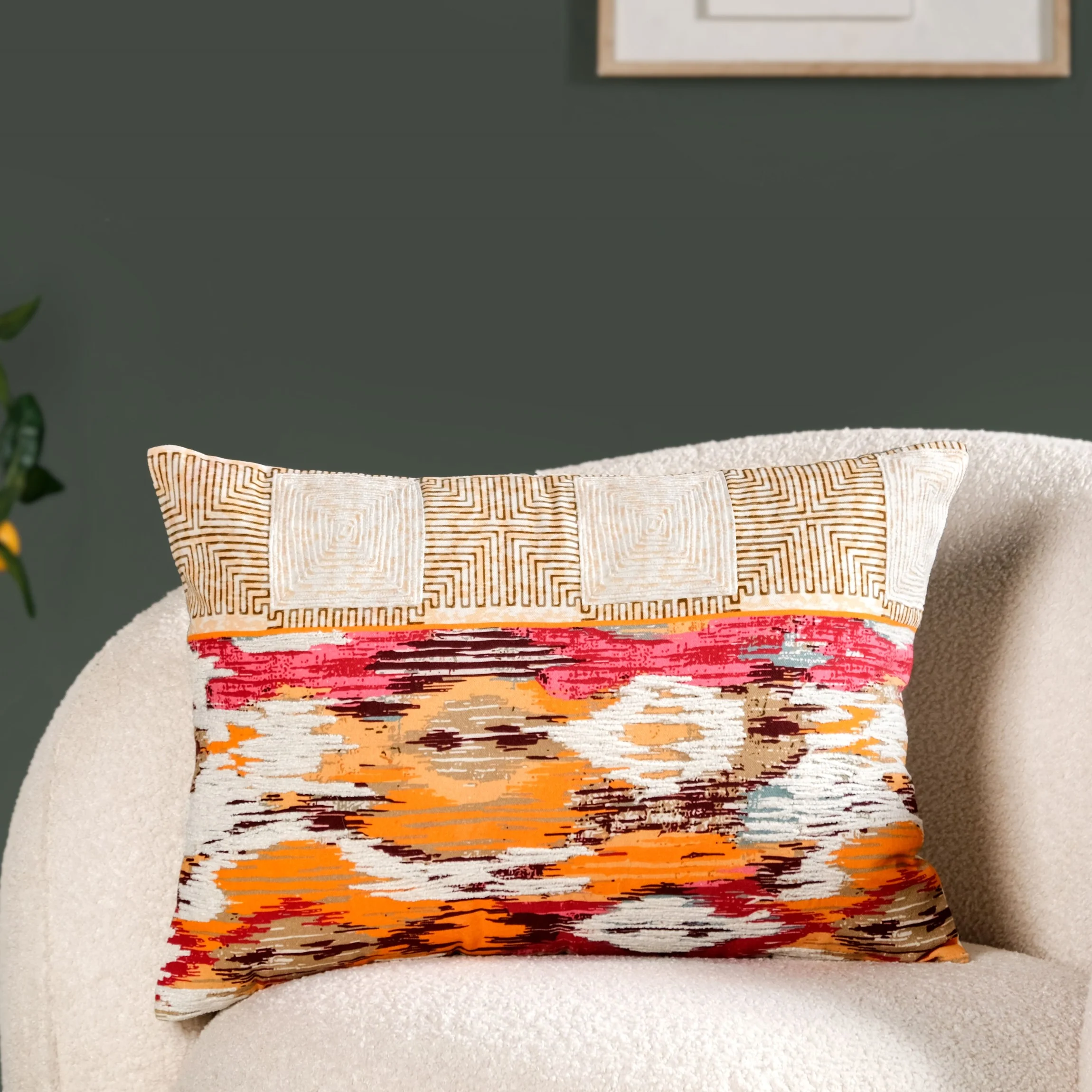 Feathered Print Embroidered Cotton Cushion Cover 50x36cm