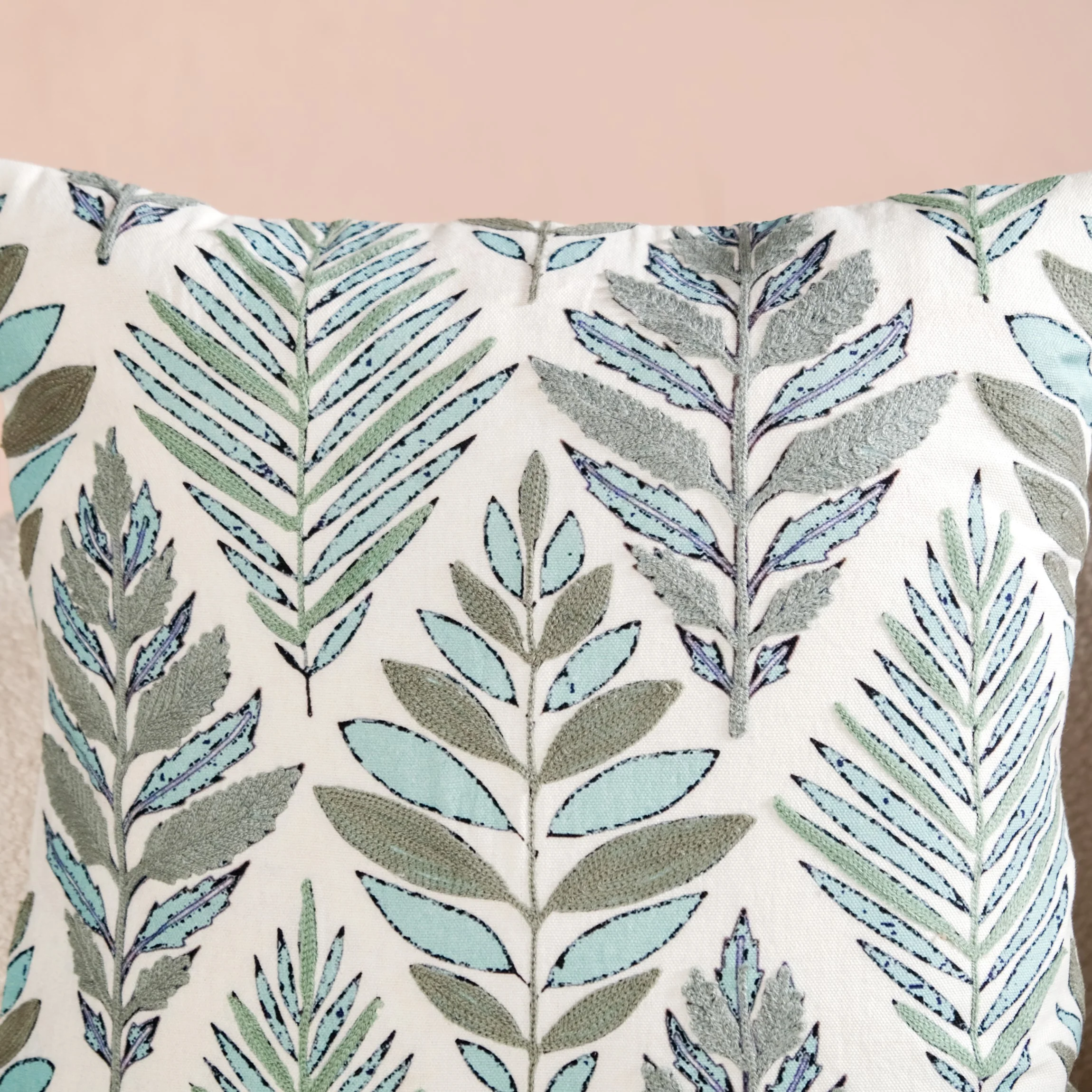 Fern Embroidered Cotton Cushion Cover 50x50cm - Image 2