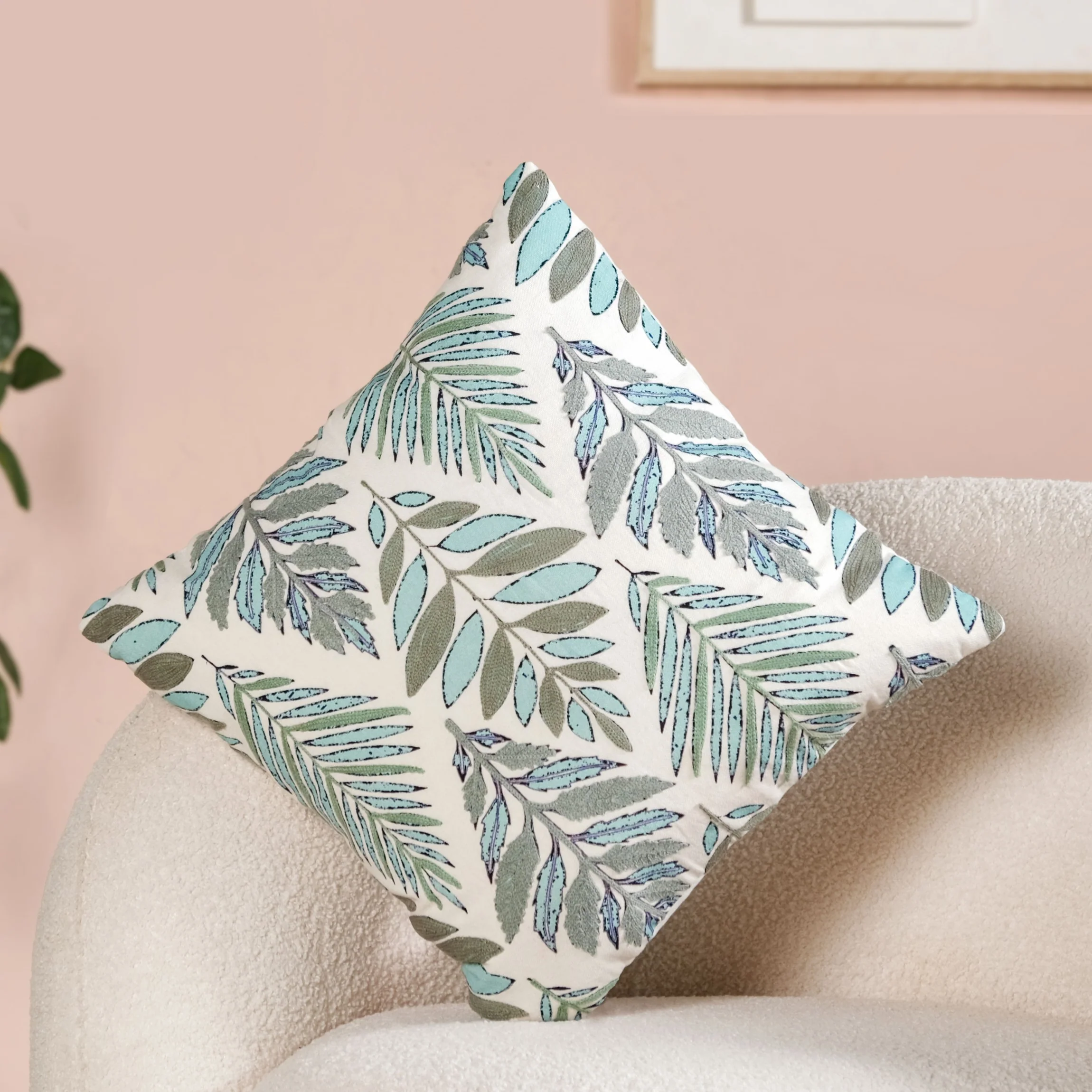 Fern Embroidered Cotton Cushion Cover 50x50cm - Image 7