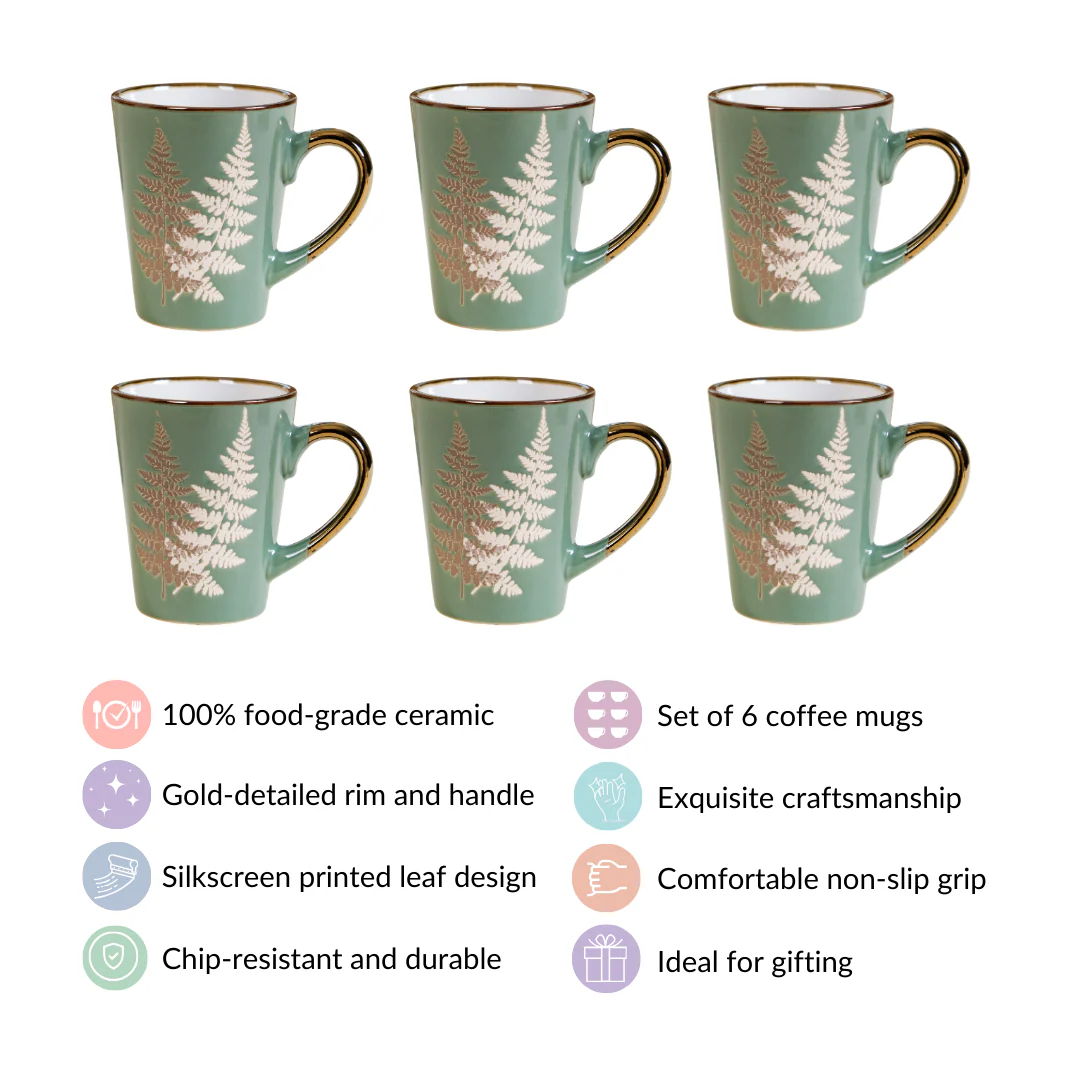 Fern Leaves Coffee Mug Set Of 6 Sage Green 350ml - Image 4