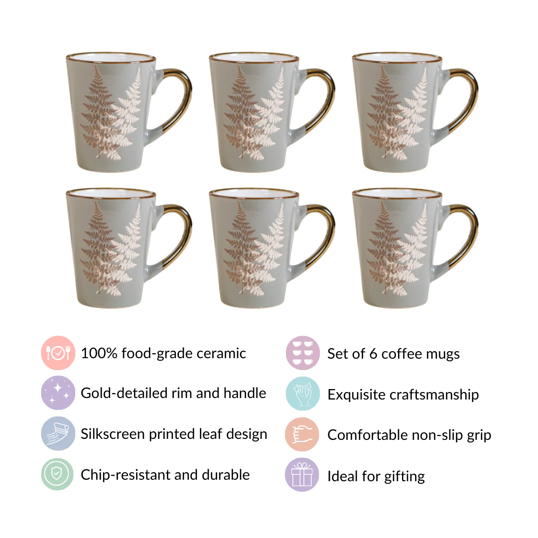 Fern Leaves Design Ceramic Mug Set Of 6 Grey 350ml - Image 4