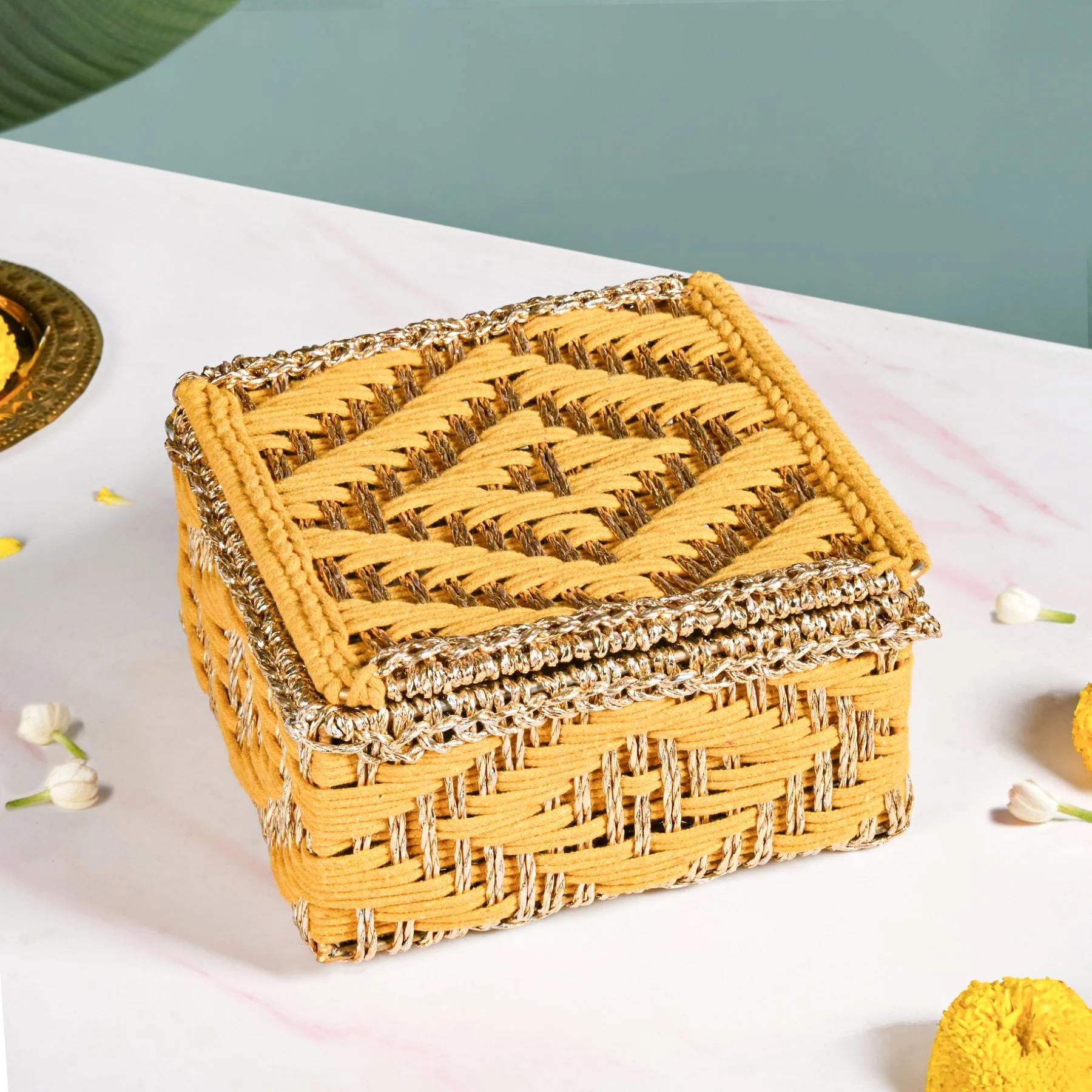Festive Handwoven Basket Gold And Yellow