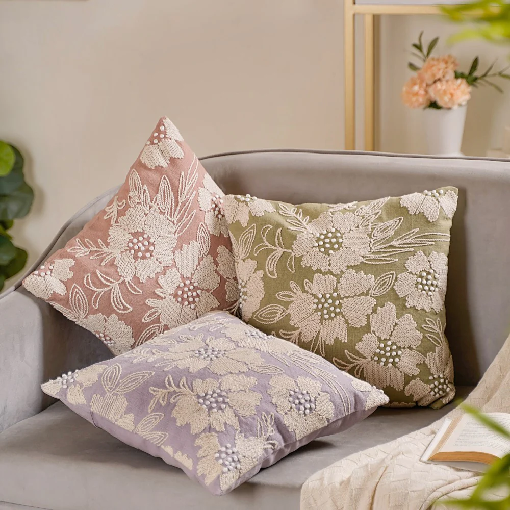 Fiore Embroidered Cotton Cushion Cover Set of 3 16x16 Inch - Image 2
