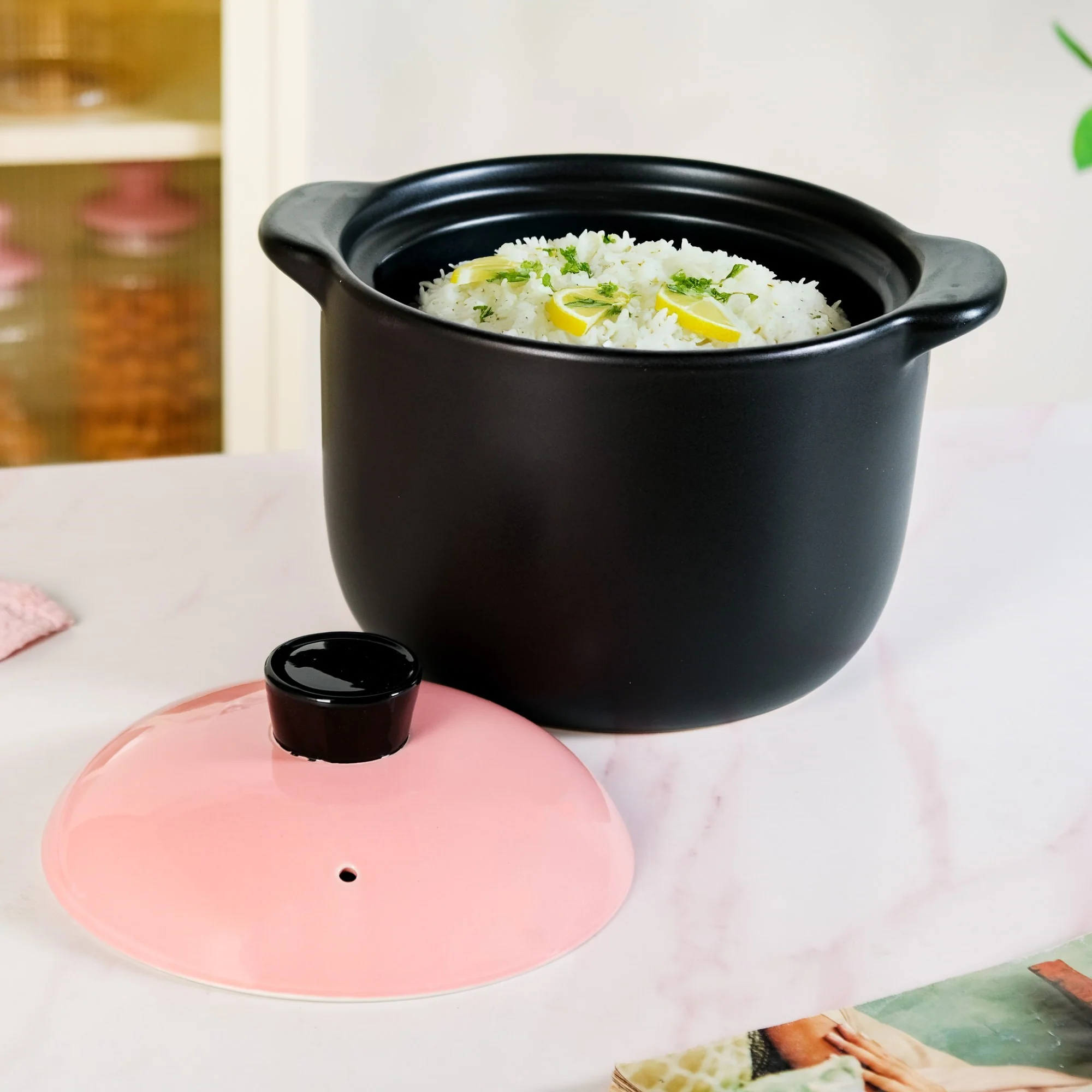 Flamora Big Ceramic Pot With Lid Pink Black 6000ml - Image 8