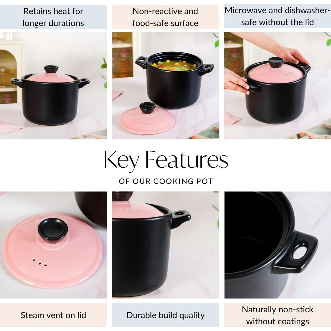 Flamora Ceramic Cooking Pot Pink Black 4700ml - Image 4