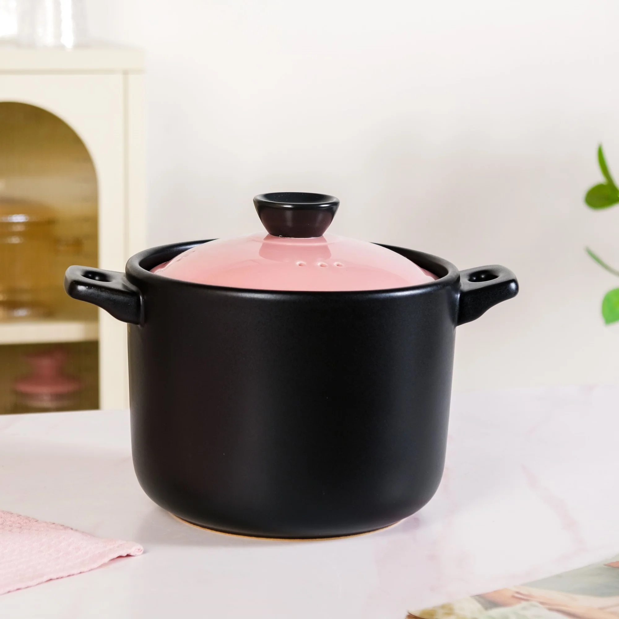 Flamora Ceramic Cooking Pot Pink Black 4700ml - Image 8