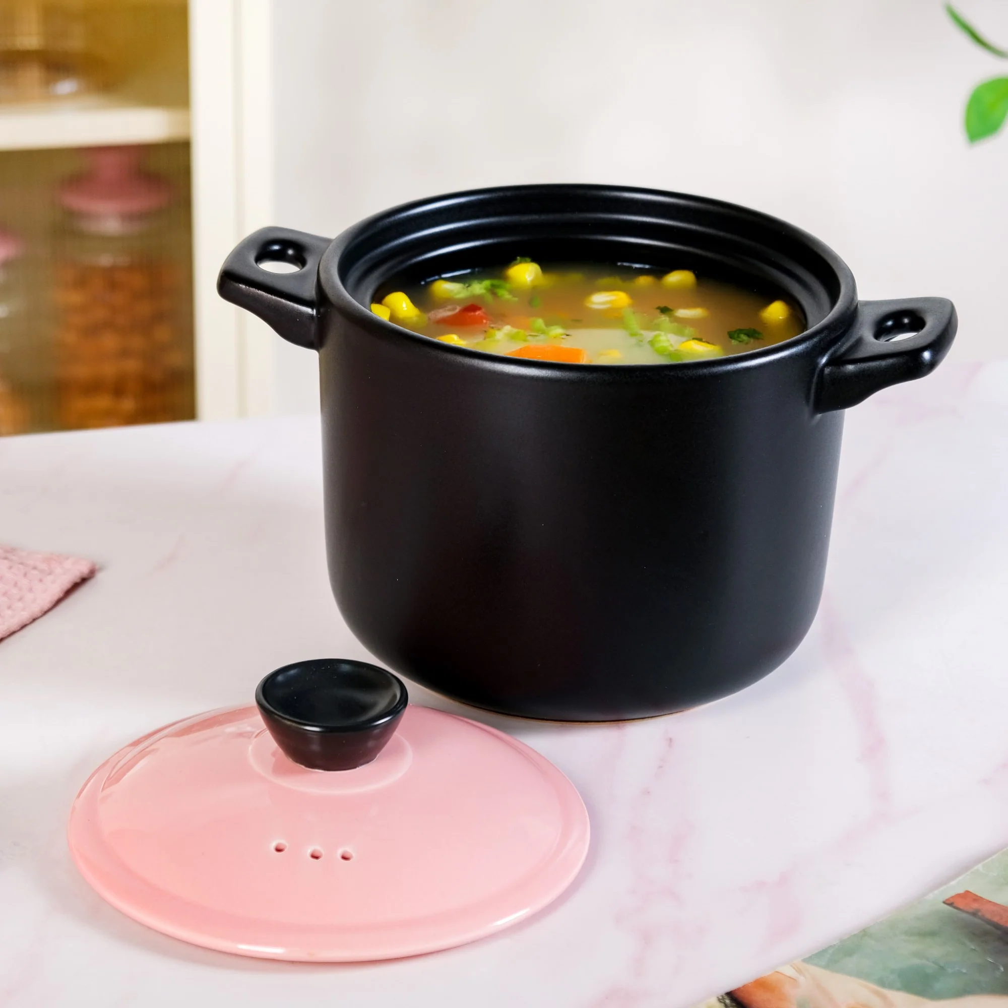Flamora Ceramic Cooking Pot Pink Black 4700ml - Image 9