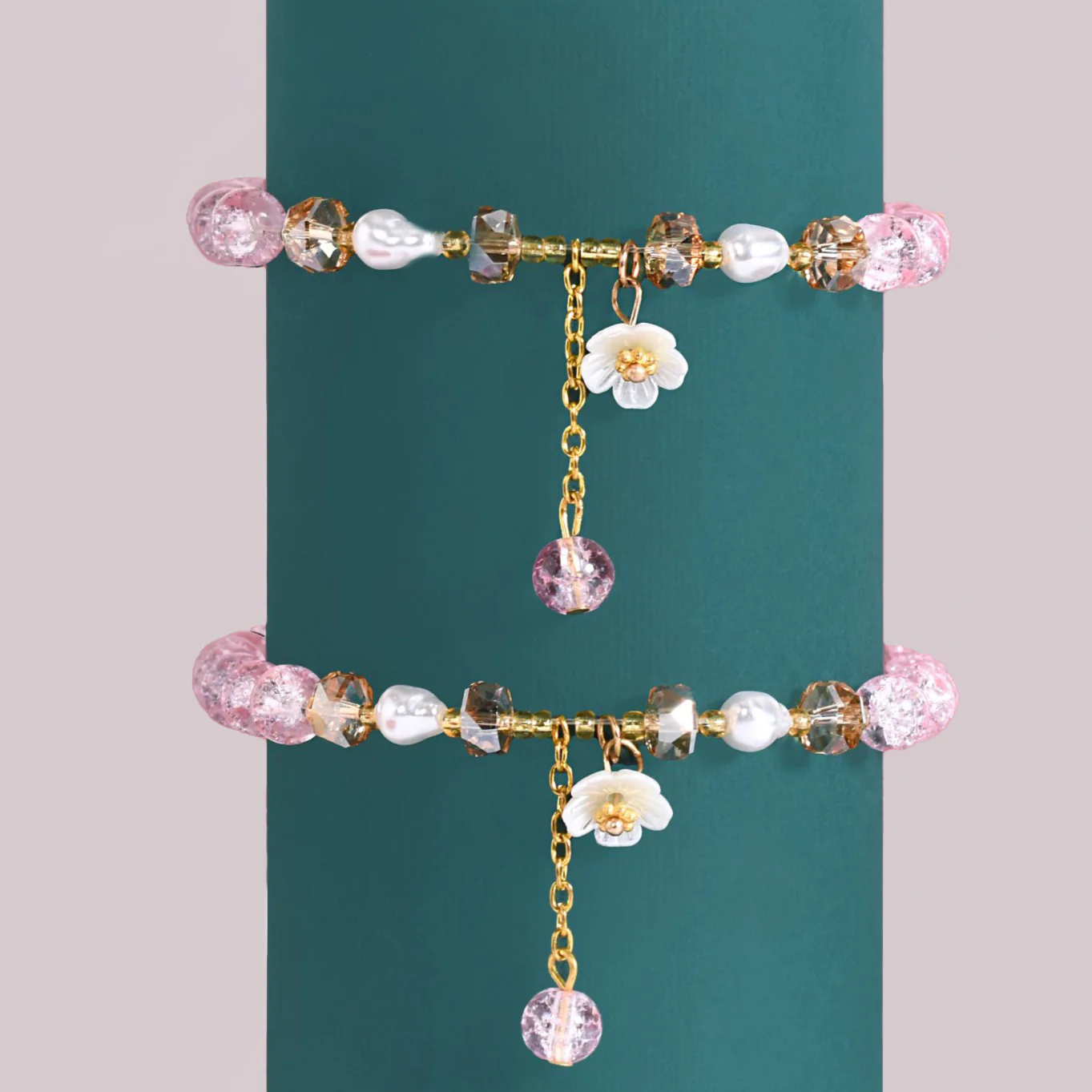 Flora Beaded Link Chain Bracelets With Tassels Set Of 2