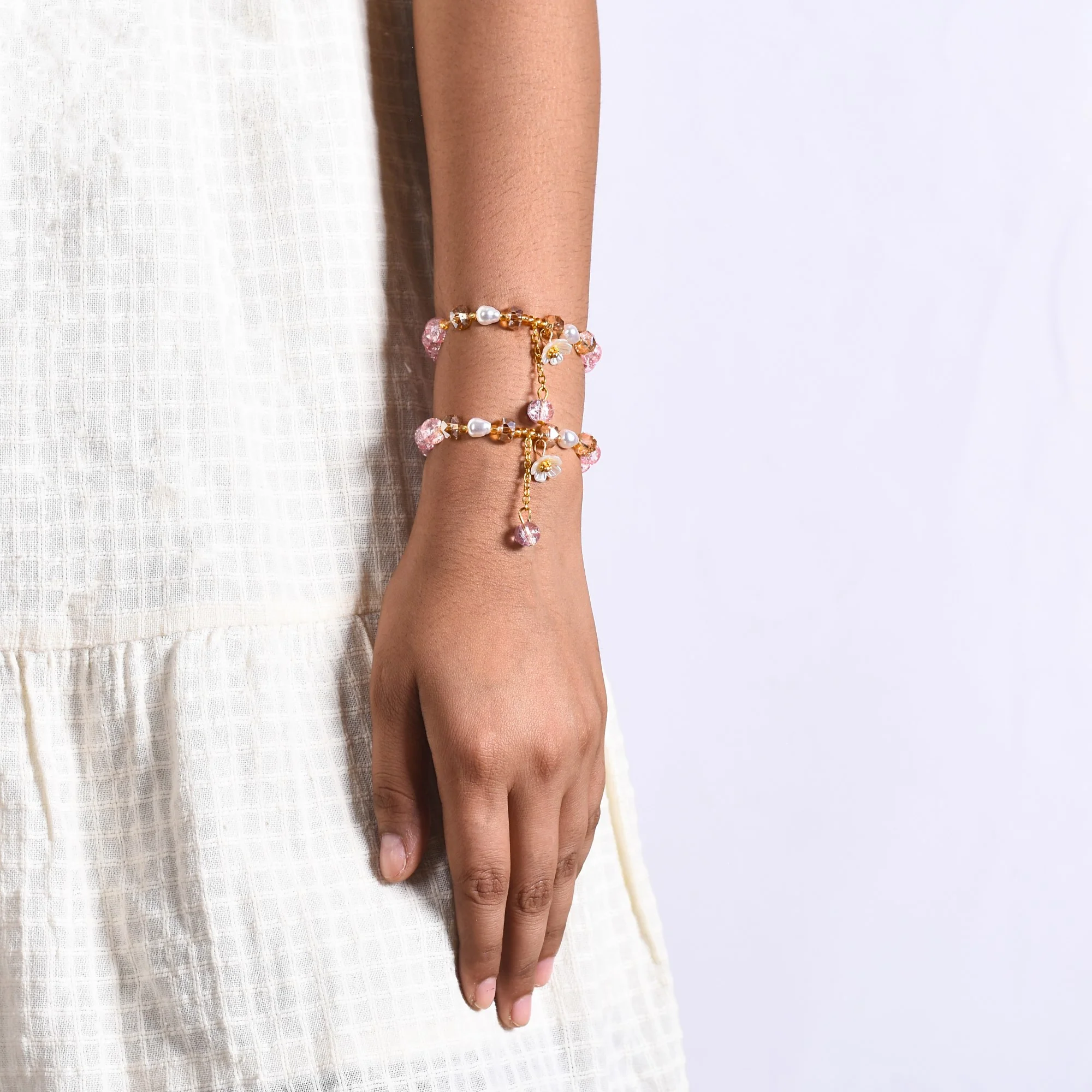 Flora Beaded Link Chain Bracelets With Tassels Set Of 2 - Image 2