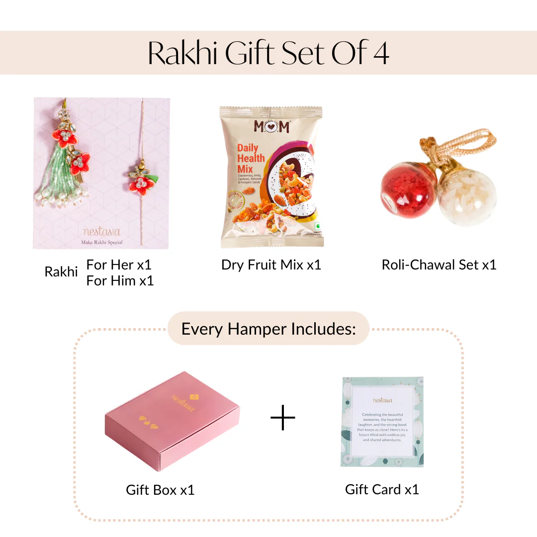 Flora Couple Rakhi Set Of 4 With Dry Fruits Gift Box Card - Image 6