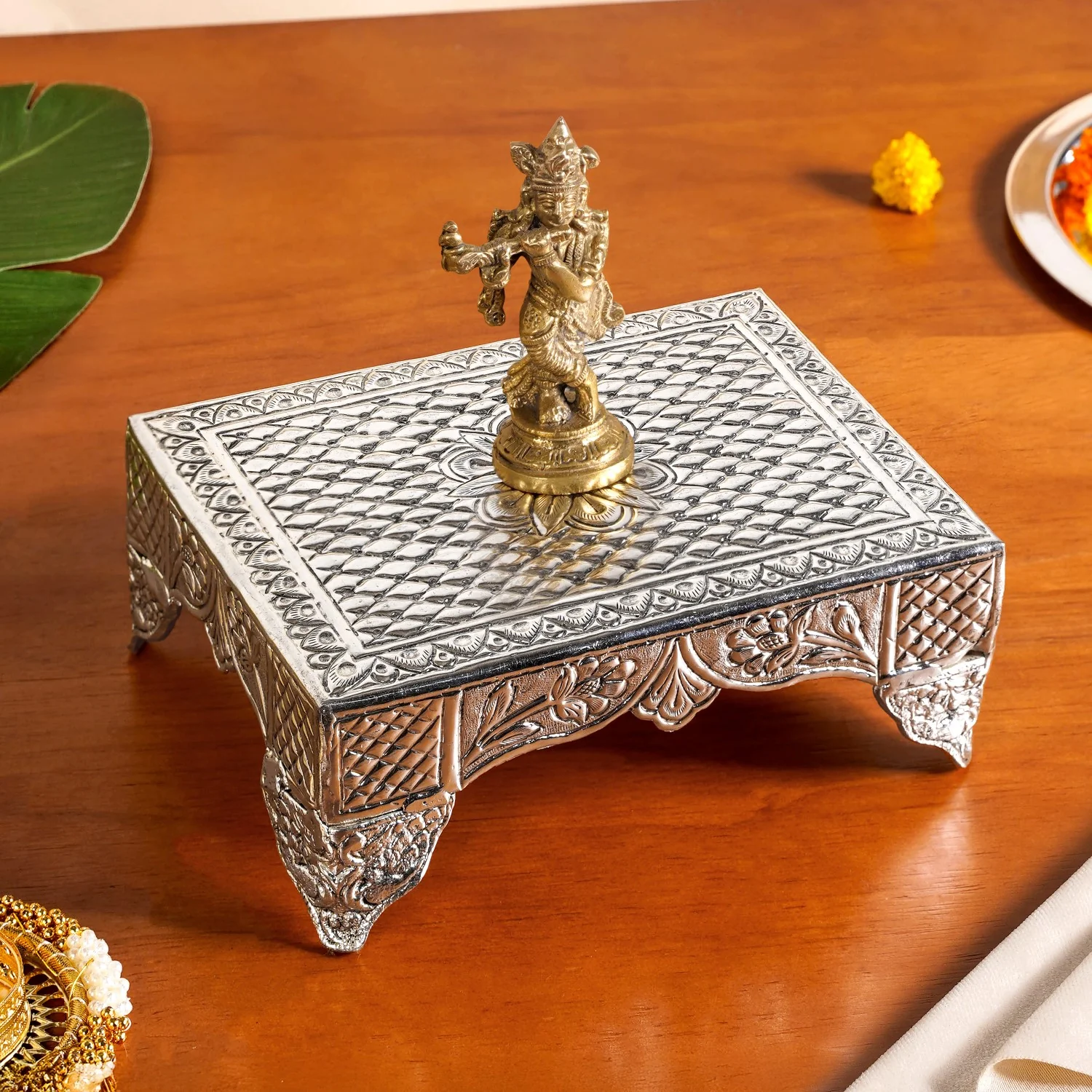 Flora Chowki Brass With Pure Silver Polish 20x15cm - Image 10