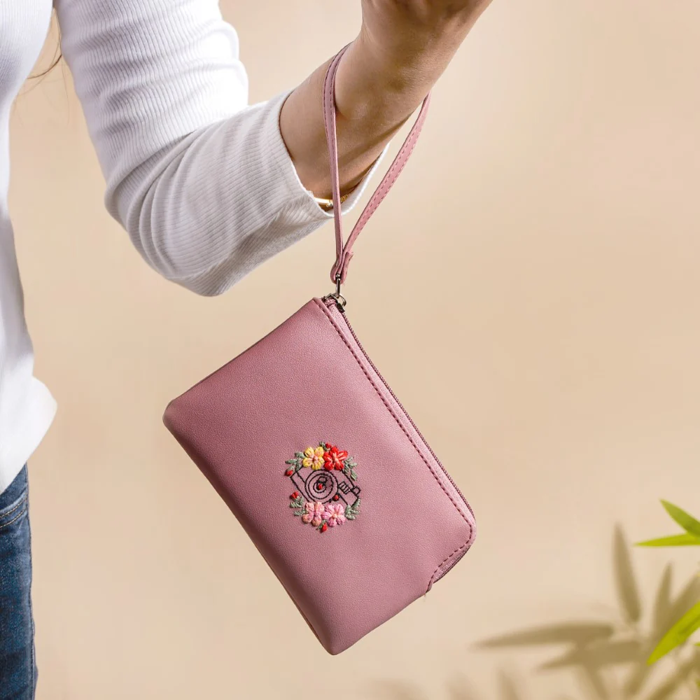 Floral Camera Embroidered Wristlet Pink - Image 2